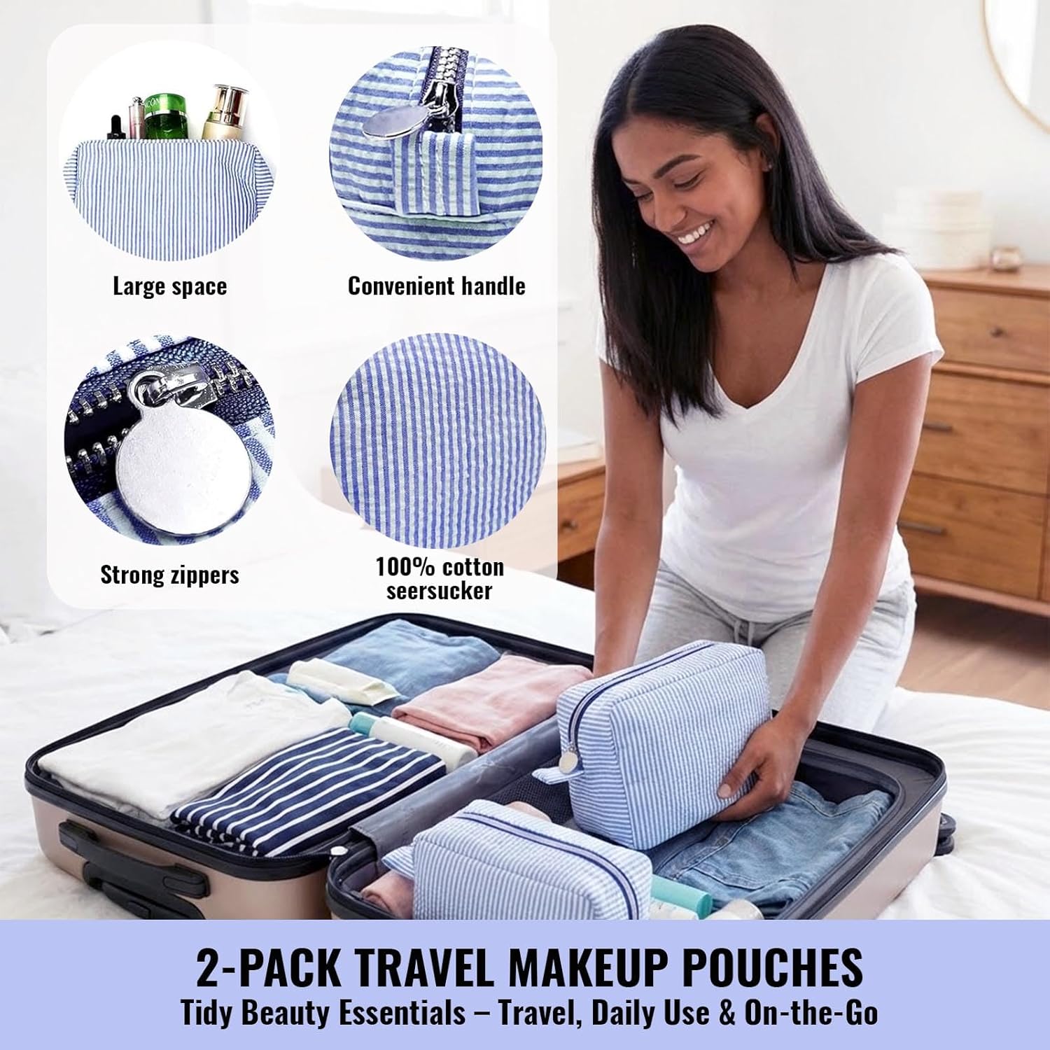 2PCS Seersucker Makeup Bag Set for Women, Large Cosmetic & Toiletry Pouches, Lightweight Zipper Organizer, Travel Essentials for Purse, Gym, Beach(Blue) - Image 5