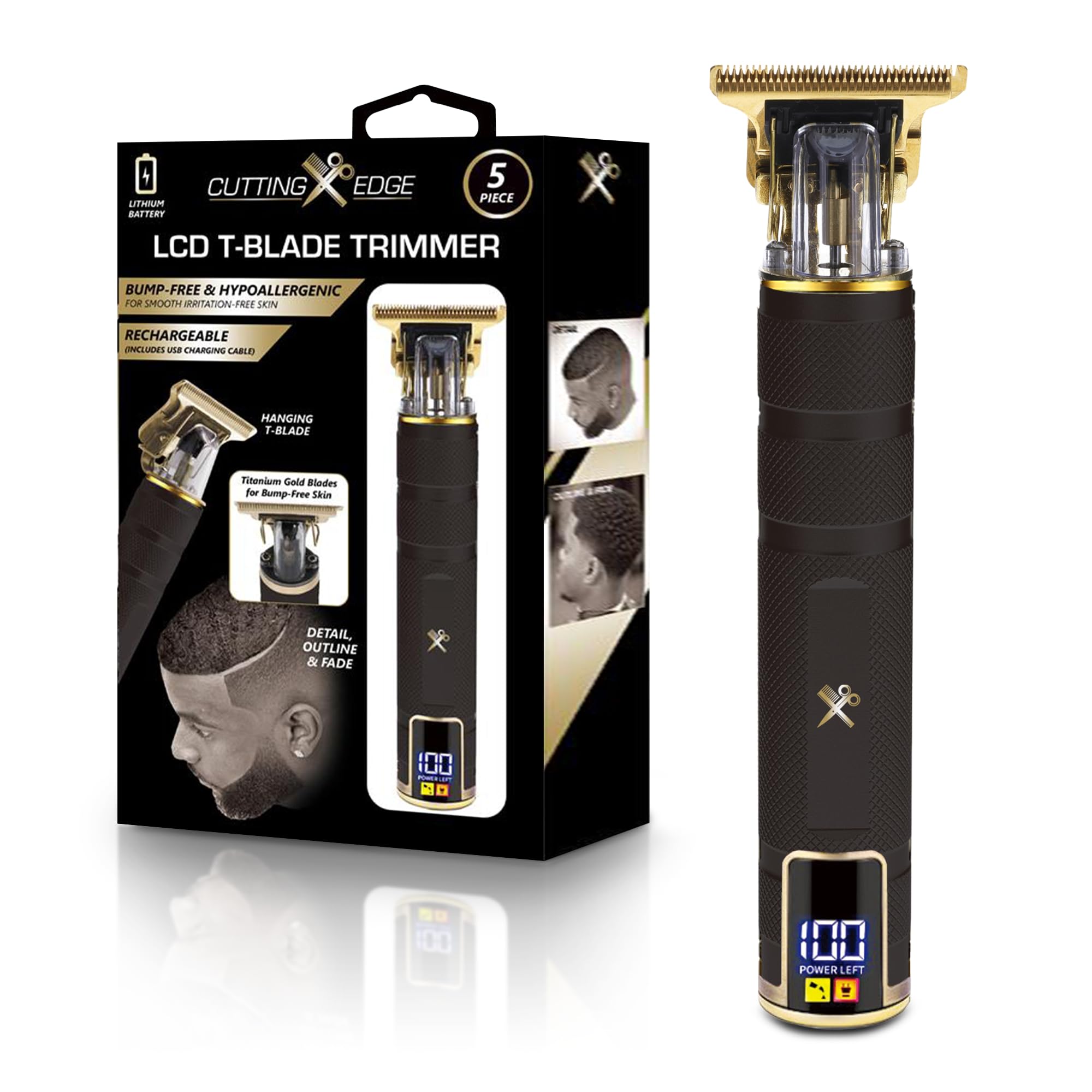 Cutting Edge T-Blade Trimmer for Men, Hypoallergenic T-Blade Trimmer with 4 Guide Combs (1mm, 2mm, 3mm, 4mm) LCD Screen, Rechargeable 120 Minute Run-Time, Bump-Free & Irritation-Free, Ergonomic Design