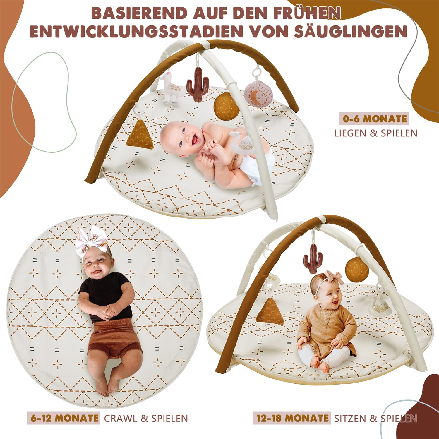 Mallify Baby Spielbogen mit Spielmatte, play mat mit Bauchzeit Kissen und 6 abnehmbaren Sensorik Spielzeugen für Neugeborene & Kinder, Goldbraun