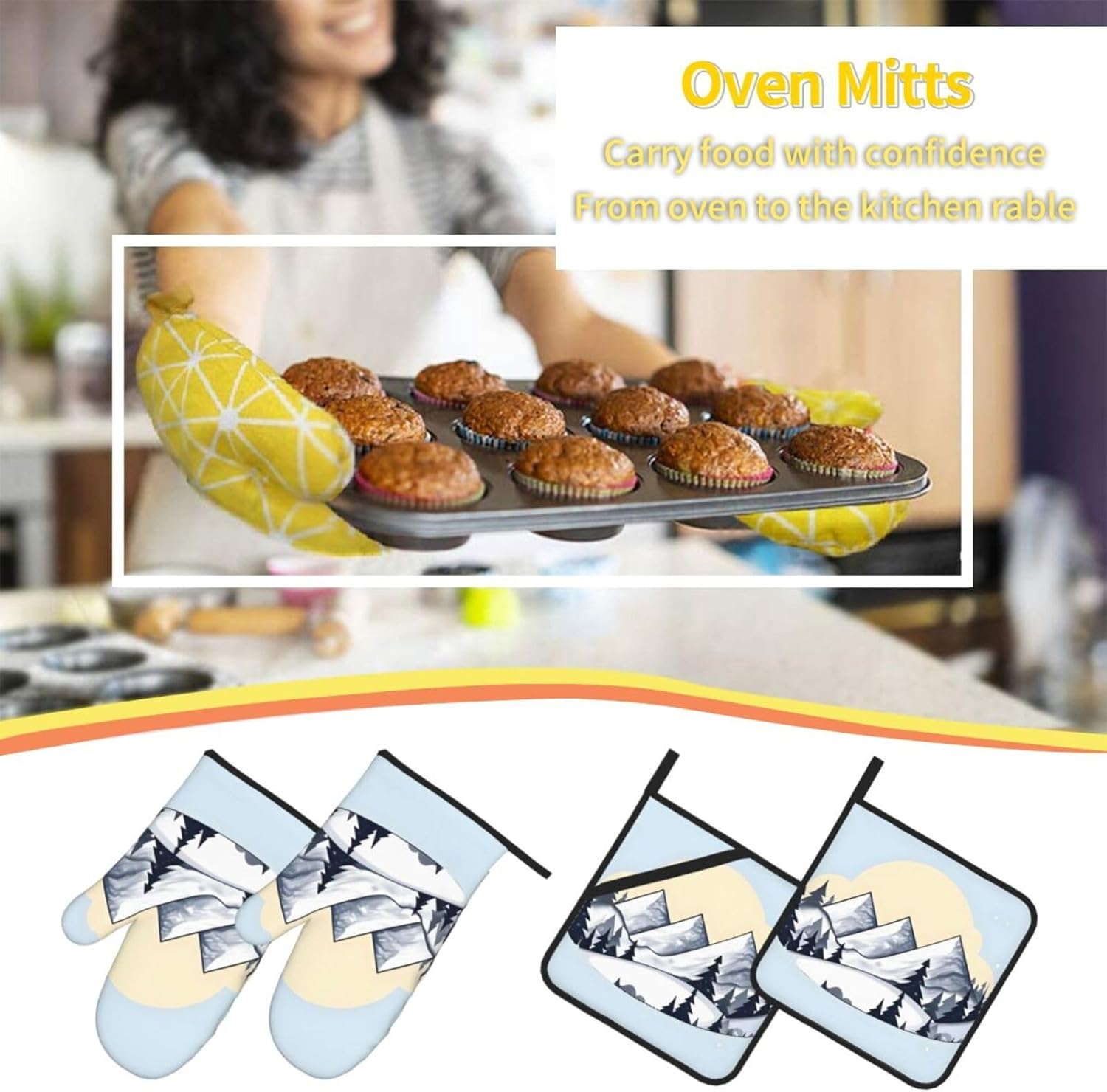 White Snowy Mountains Oven gloves and heat-resistant mat 4-piece set. Suitable for grilling, microwave oven frying, and baking