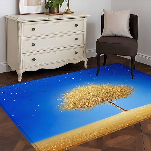 Miniatura 5 de 2.7x5 Area Rugs, Yellow Tree Non-Skid Rubber Backing Large Rectangle Rugs - Living Room Bedroom Home Office, Land Gradient Star Sky Retro Watercolor