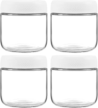 4 Pack Glass Clear Storage Canister with Airtight Lid, 12oz Overnight Oats Containers, Small Cute Decorative Pantry Jar for Snacks, Yogurt, Cereal, Fruit, Salad, Spice, Sugar, Coffee - White