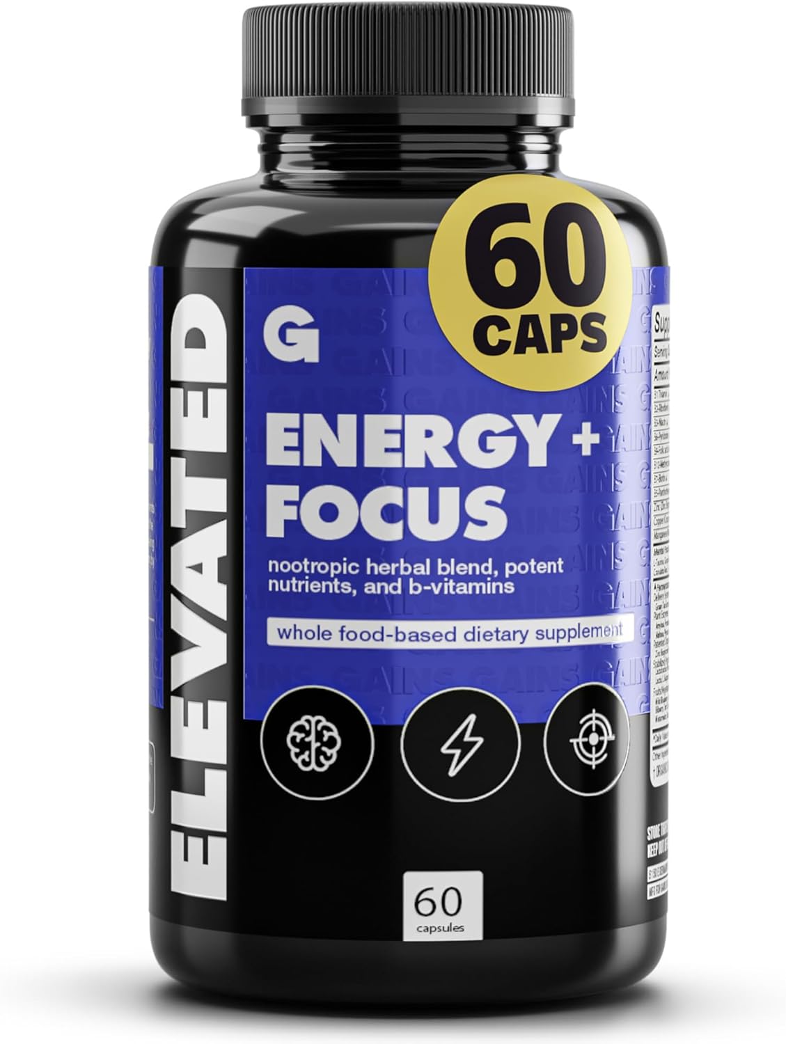 Gains in Bulk Elevated Nootropic Herbal Energy Supplements with Ginkgo Biloba, B Vitamins, DMAE, Clean Energy & Focus Supplement, Supports Digestive Health, Cognitive Brain Health, Vegan, 60 Capsules