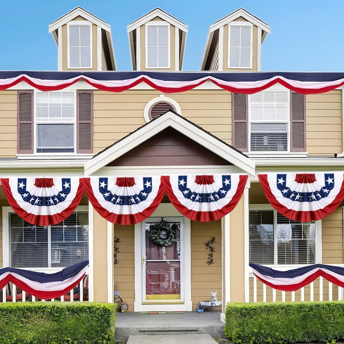 3x6Ft American Patriotic Bunting Flags Outdoor, Patriotic 4th of July Decor, USA Pleated Fan Flags, Red White and Blue Memorial Day Decorations for Outside (3PCS)