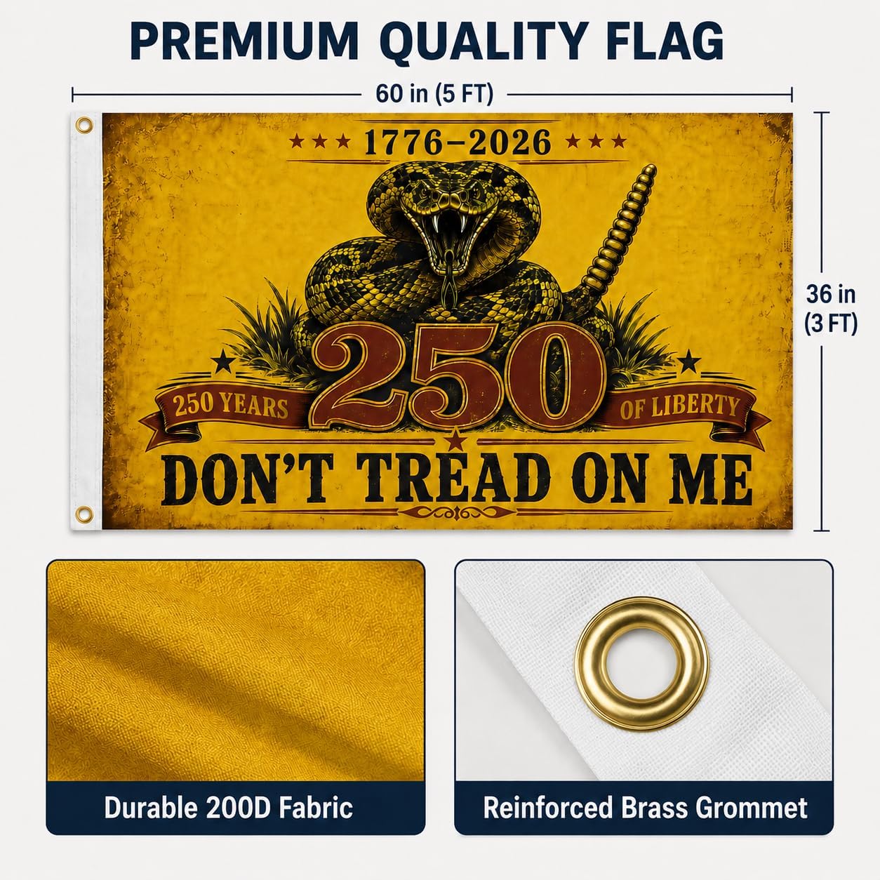 3x5 Ft Don’t Tread On Me 250 Years Flag, 1776-2026 Patriotic Rattlesnake Banner, Gadsden-Inspired America’s 250 Anniversary Flag, Triple-Layer 200D Polyester, Double-Sided Print, Brass Grommets