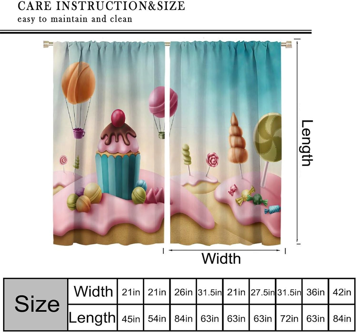 Candy Curtains Fantasy Surreal Candyland Cupcake Bonbon Lollis Food Sweets Ice Cream Curtain with Rod Pocket for Bedroom Living Room Drapes Window Treatments 2 Panels Set 42" W X 45" L