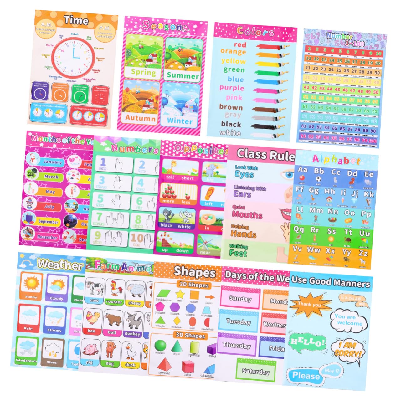 SEWACC Affiches Murales Éducatives Garçon Et Filles 14 Pièces Papier Synthétique Cartes Dessins Animés Apprentissage Précoce Salle De Classe Maternelle