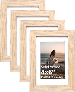 KINLINK 4x6 Frame Natural, Solid Wood 4 x 6 Picture Frame with Acrylic Plexiglass for 3.5x5 with Mat, Tabletop and Wall Display Photo Frames 4x6 Natural, 4 Pack