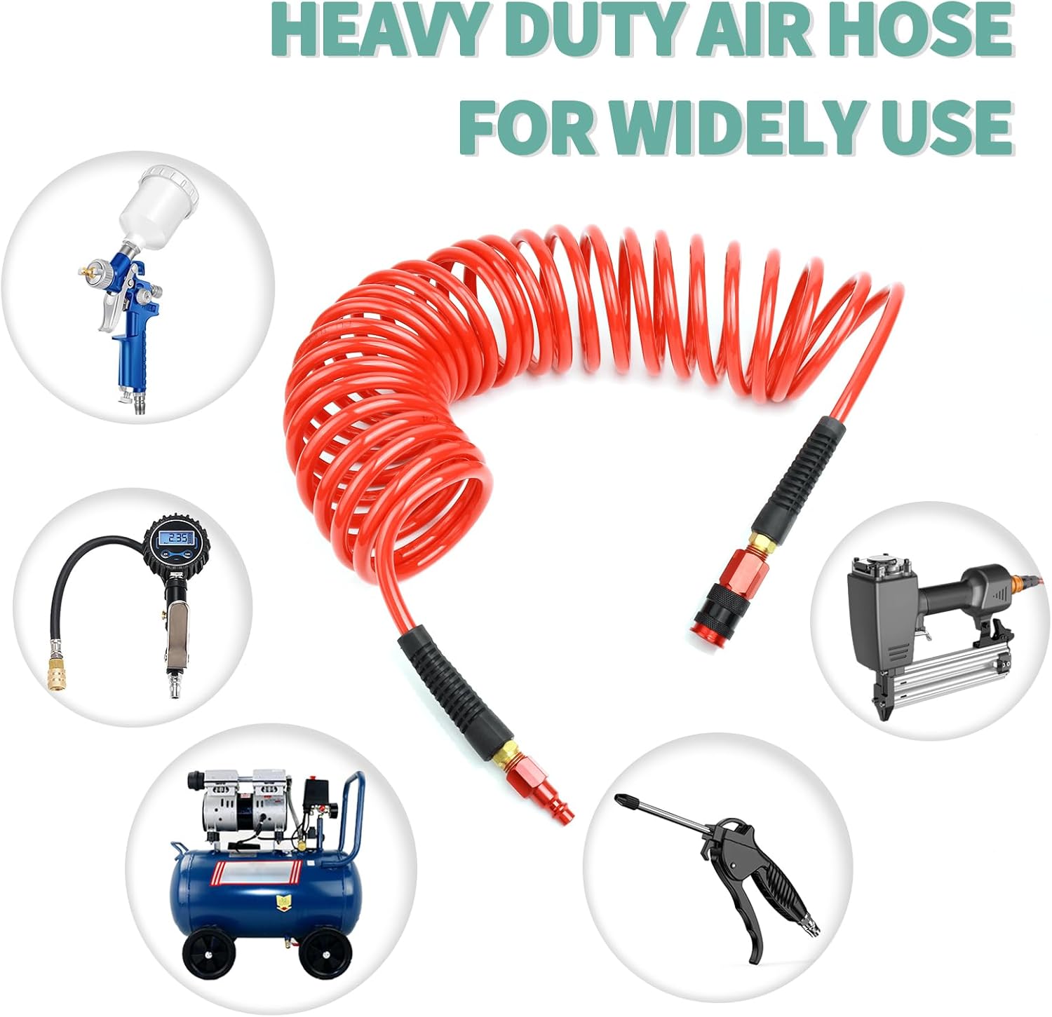 BLCH Coiled Air Hose Coil - Recoil 1/4" Inner Diameter by 25' Long with Bend Restrictors Air Compressor Hose with 1/4" Industrial Universal Quick Coupler and I/M Plug Kit, Red