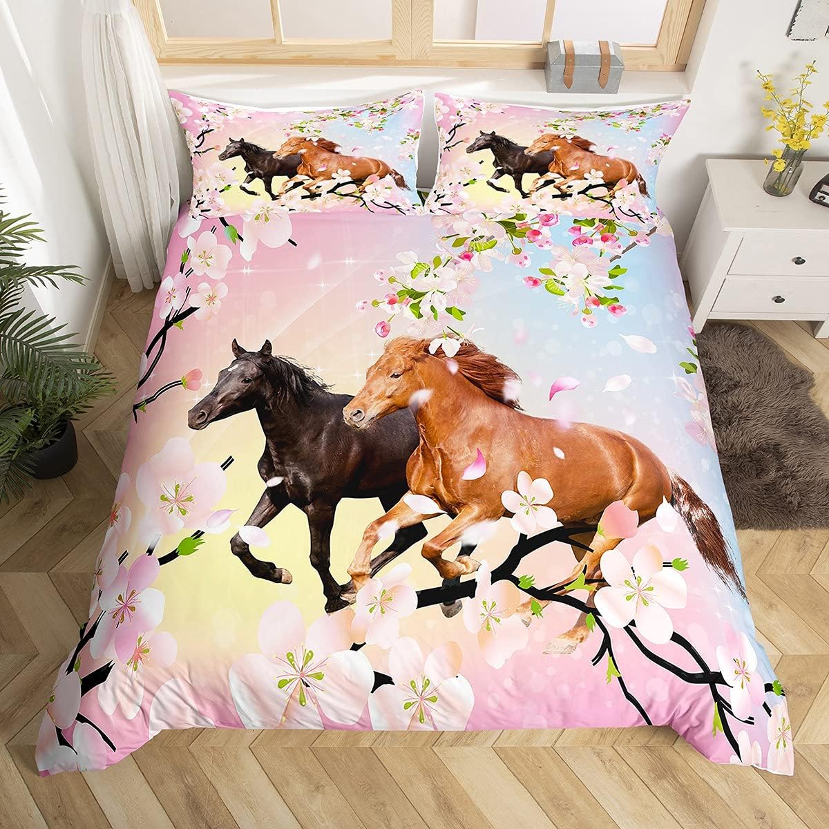 Horse Bedding Set for Girls Twin Kids Farmhorse Floral Duvet Cover Set