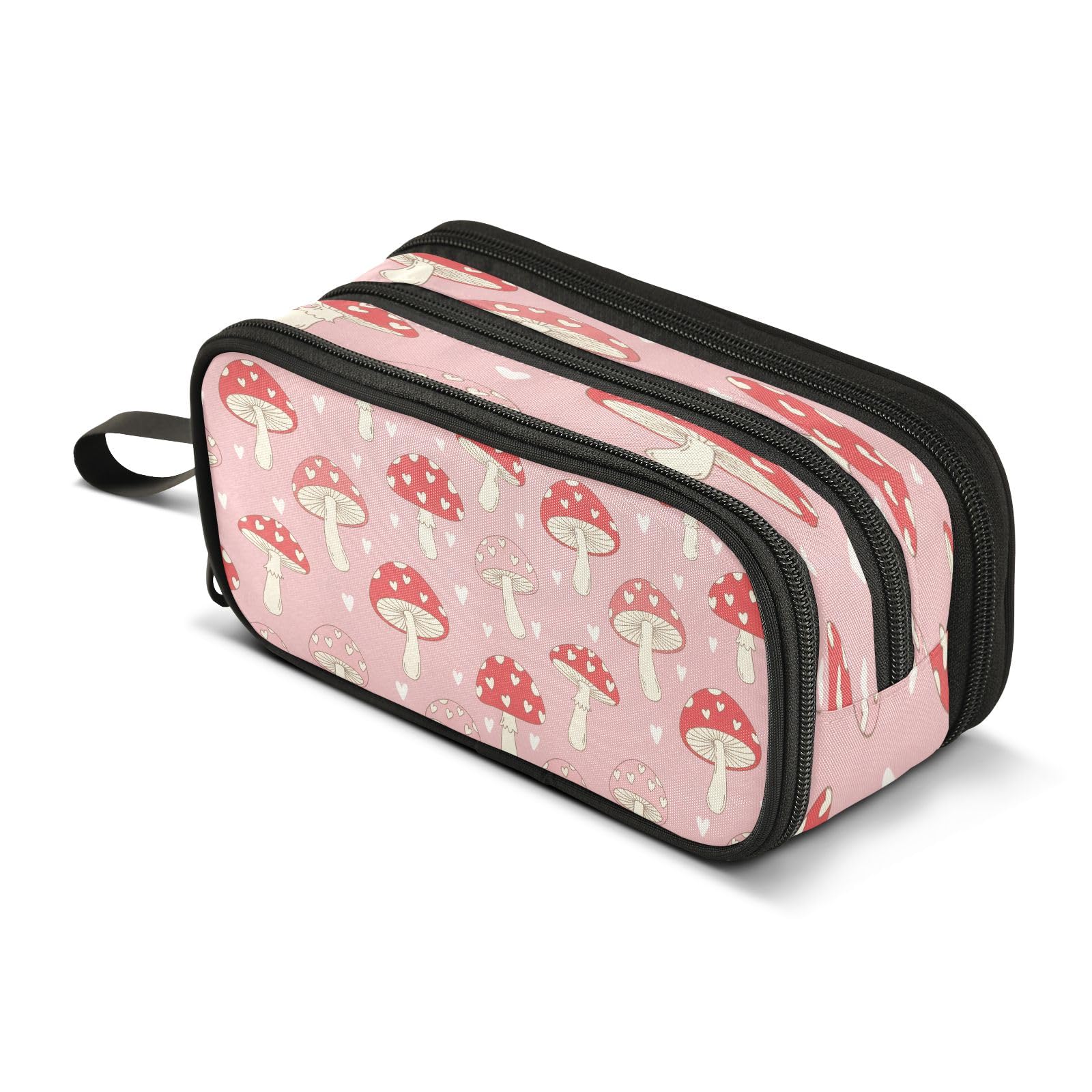 Chic Mushrooms Pink Pencil Case 3 Compartment Pen Bag Pouch Holder Box School Portable Stationery Storage Bag for Girls Boys