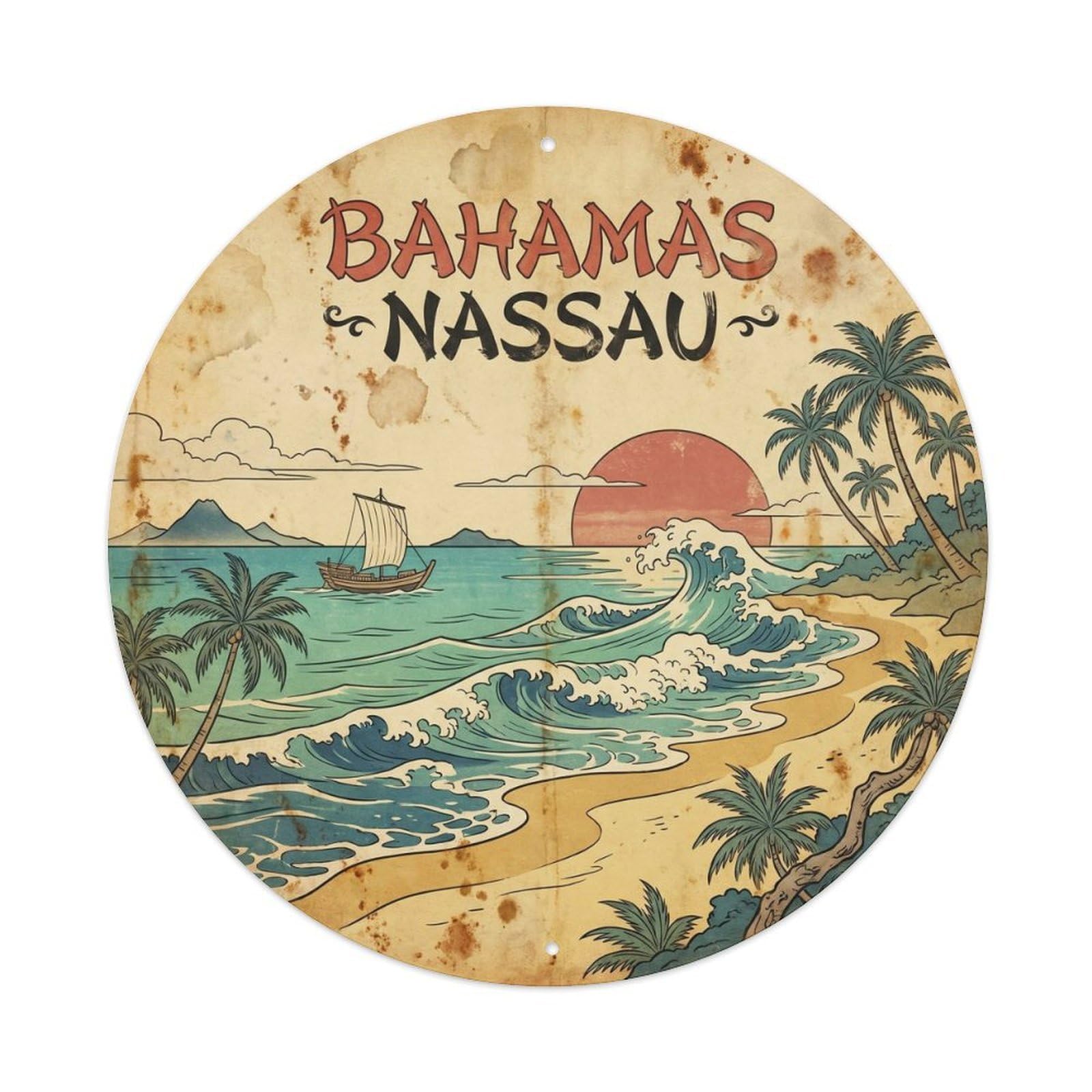 Bahamas Nassau Coastal Escape Woodblock Travel Metal Tin Sign