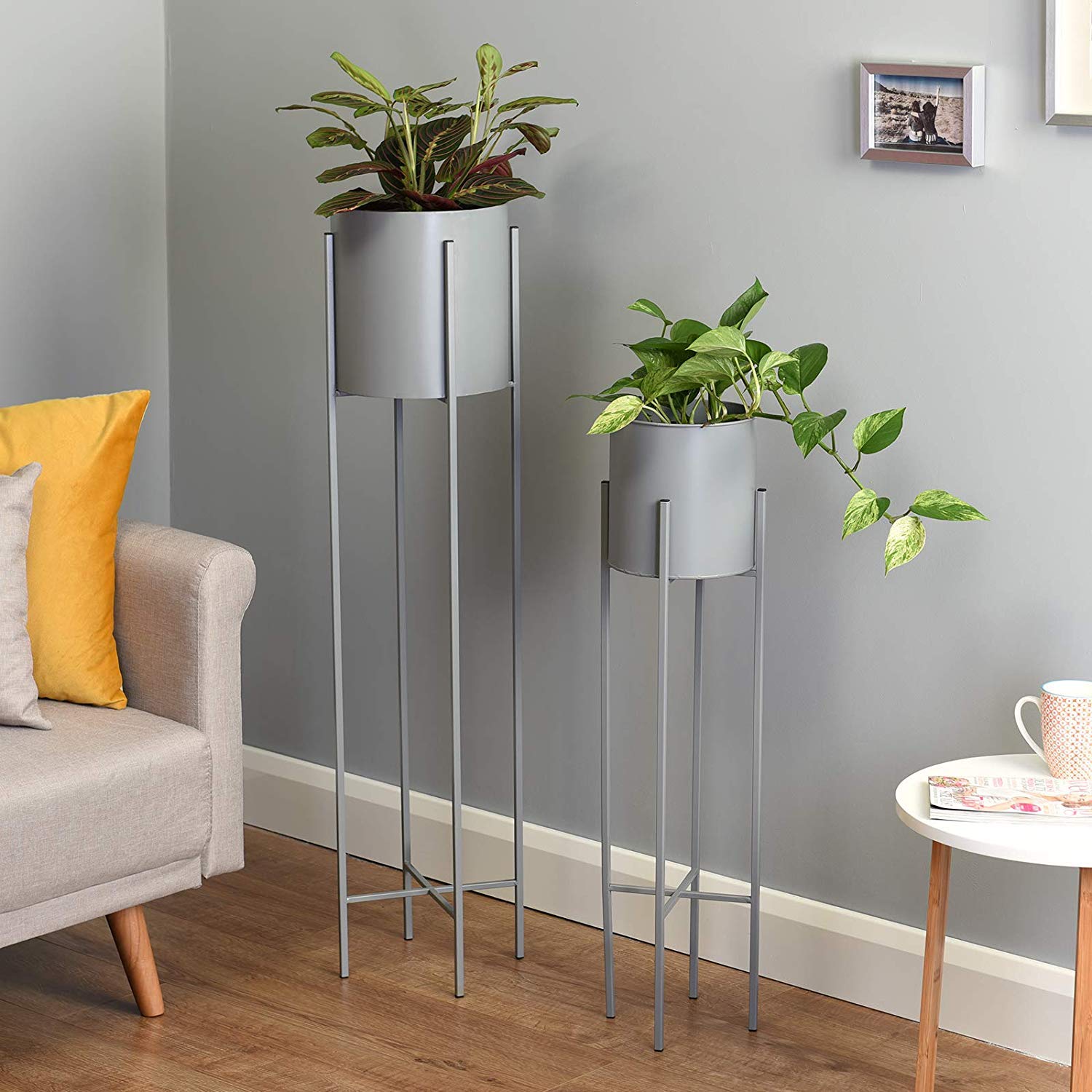 Crafter Modern Plant Stand- Set with Tall Metal Stand, Decorative Standing Flower Succulent Pot Holder, Indoor Outdoor Terrace Patio Home Decor Set of 2 (Grey) (B085TG1Y3X) Amazon Price History, Amazon Price Tracker