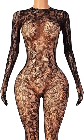 Body Stockings Women Fish Net Lingerie Leopard Bodystocking Hollow Full Body Fishnets Long Sleeve Mesh Bodysuit Open