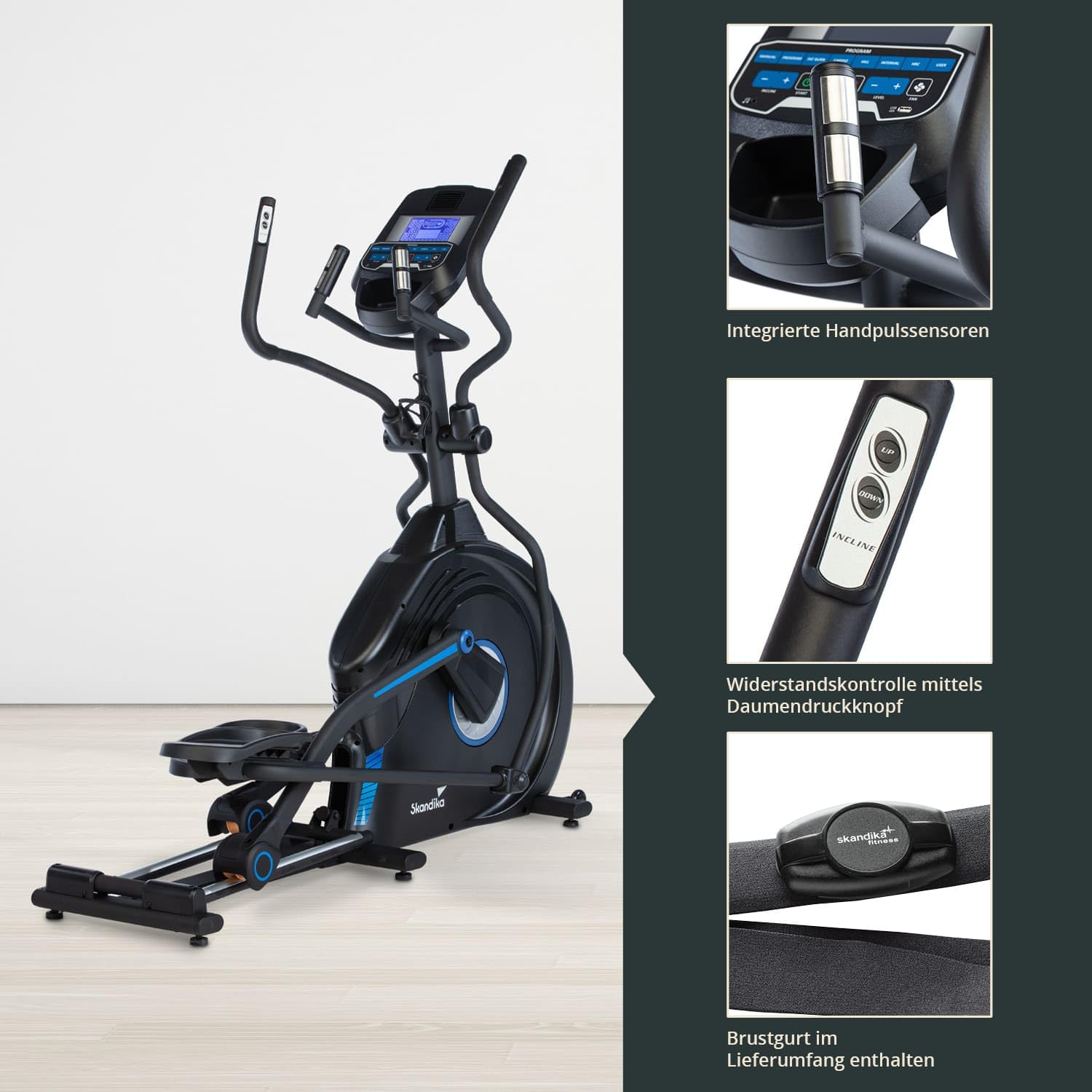 Skandika Orbitrek Carbon Conqueror, eliptyczny rower treningowy, 32 poziomy oporu, 31 programów, ekran LCD, Bluetooth, Kinomap, masa bezwładności 25 kg, regulacja wysokości, maks. 150 kg