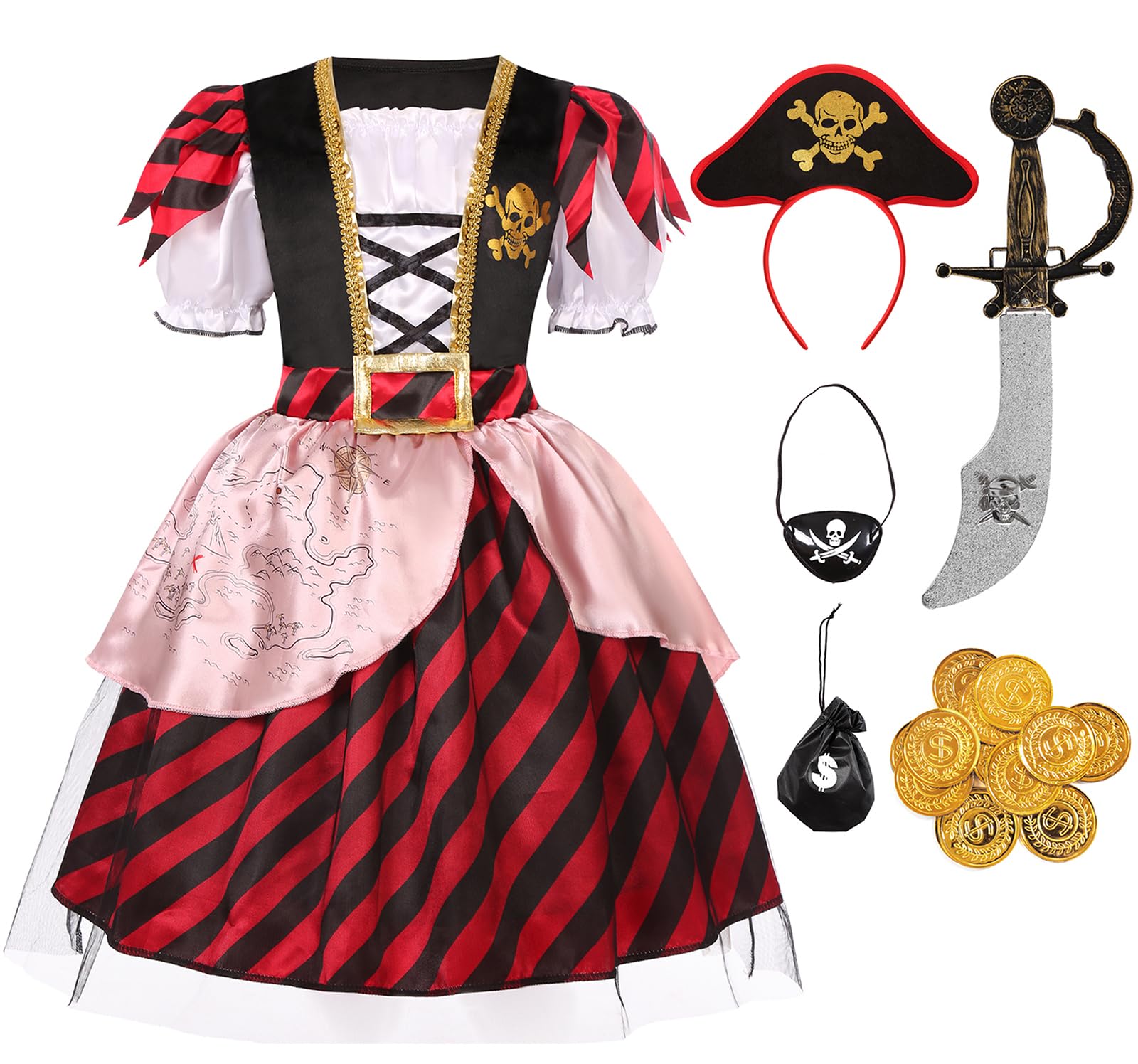 Simplecc Girls Deluxe Pirate Princess Costume Buccaneer Costume Set for Halloween Party Dress Up