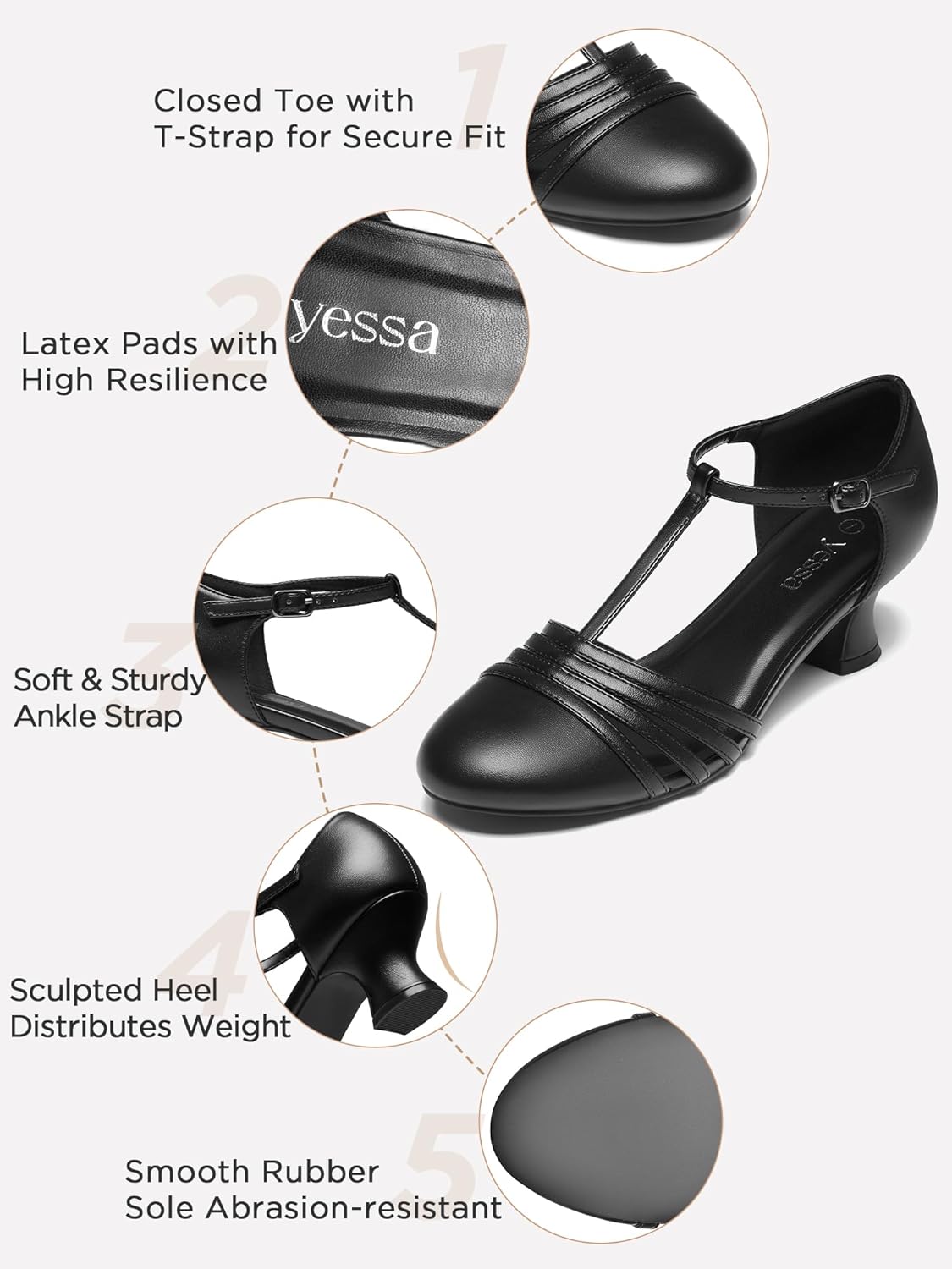 YESSA 1920s Shoes for Women Leather/Satin Ballroom Dance Shoes,T-Strap Character Shoes,2"/2.5" Dancing Pumps for Latin Salsa - Image 4