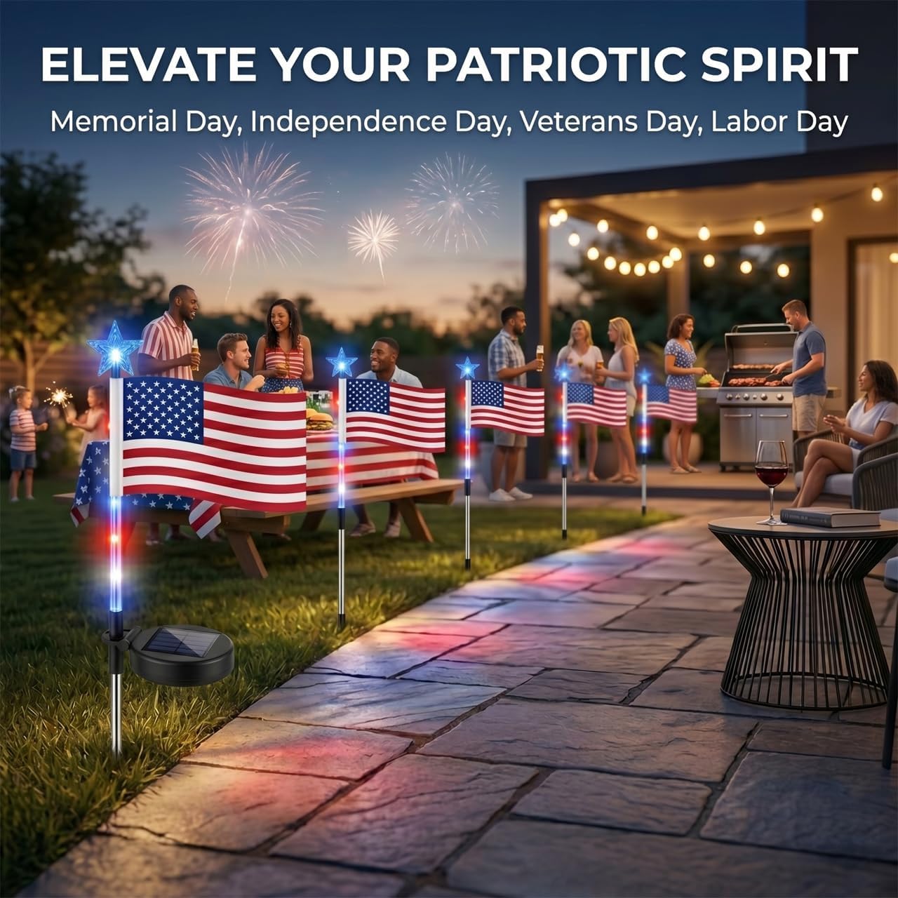 8PCS Solar American Flag Pathway Stake Lights with 8 Modes, Patriotic Red White Blue Waterproof LED Outdoor Yard Garden Decorations for 4th of July, 250th Anniversary, Memorial Day (8in1 Flag Lights)