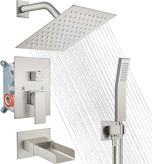 Midanya Rain Shower System Tub Shower Faucet Set Square Rainfall Waterfall Shower Head with Handheld Sprayer Tub Spout Combo Wall Mounted bathtub faucet set Rough-in Valve, 8 Inch Brushed Nickel