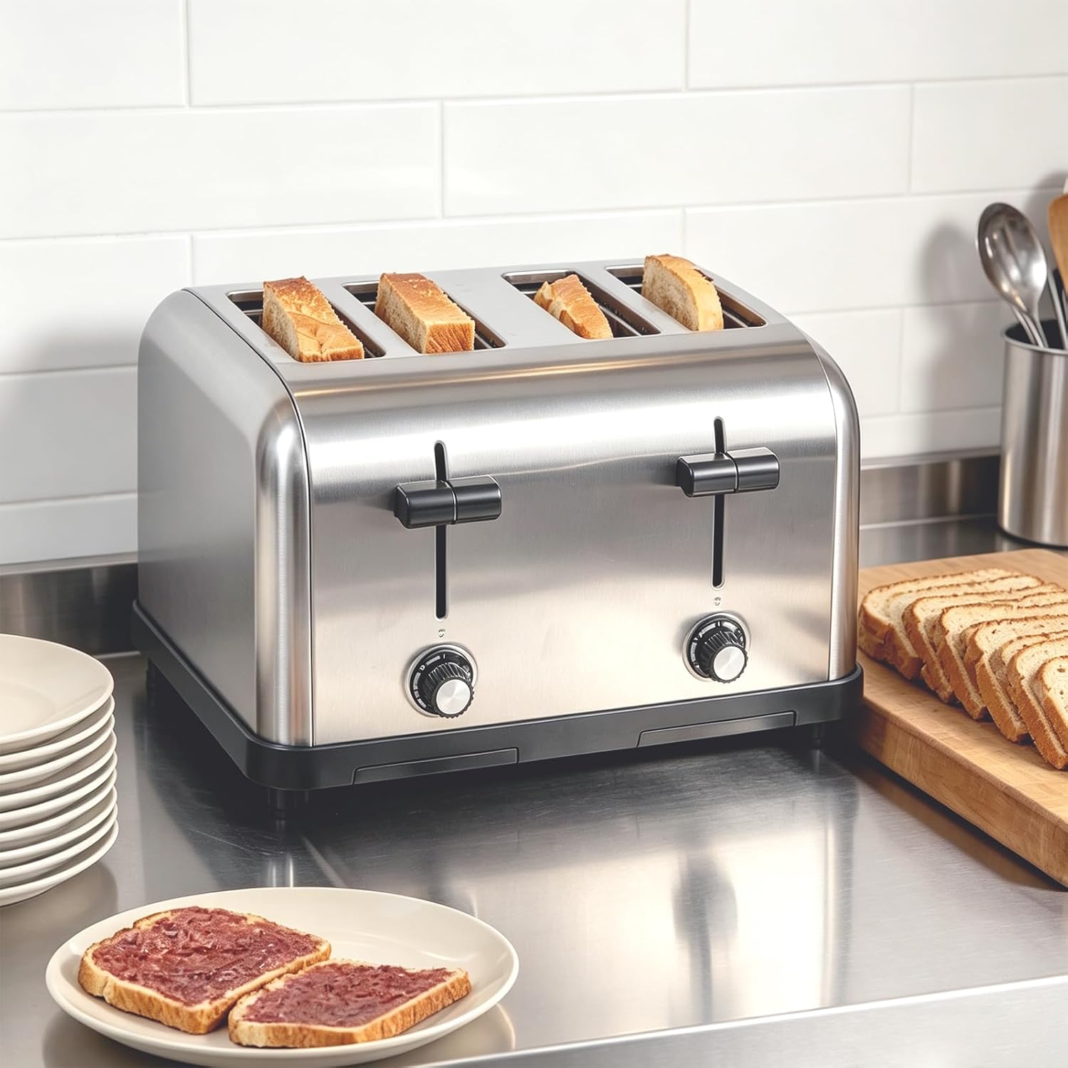Commercial Grade Toaster 4 Slice 225 pcs/Hour 1800W Industrial Toasters Wide Slot 6-Settings Stainless Steel Heavy Duty for Restaurant Bagels,muffin,Tray, Bread, Breakfast, Texas Toast