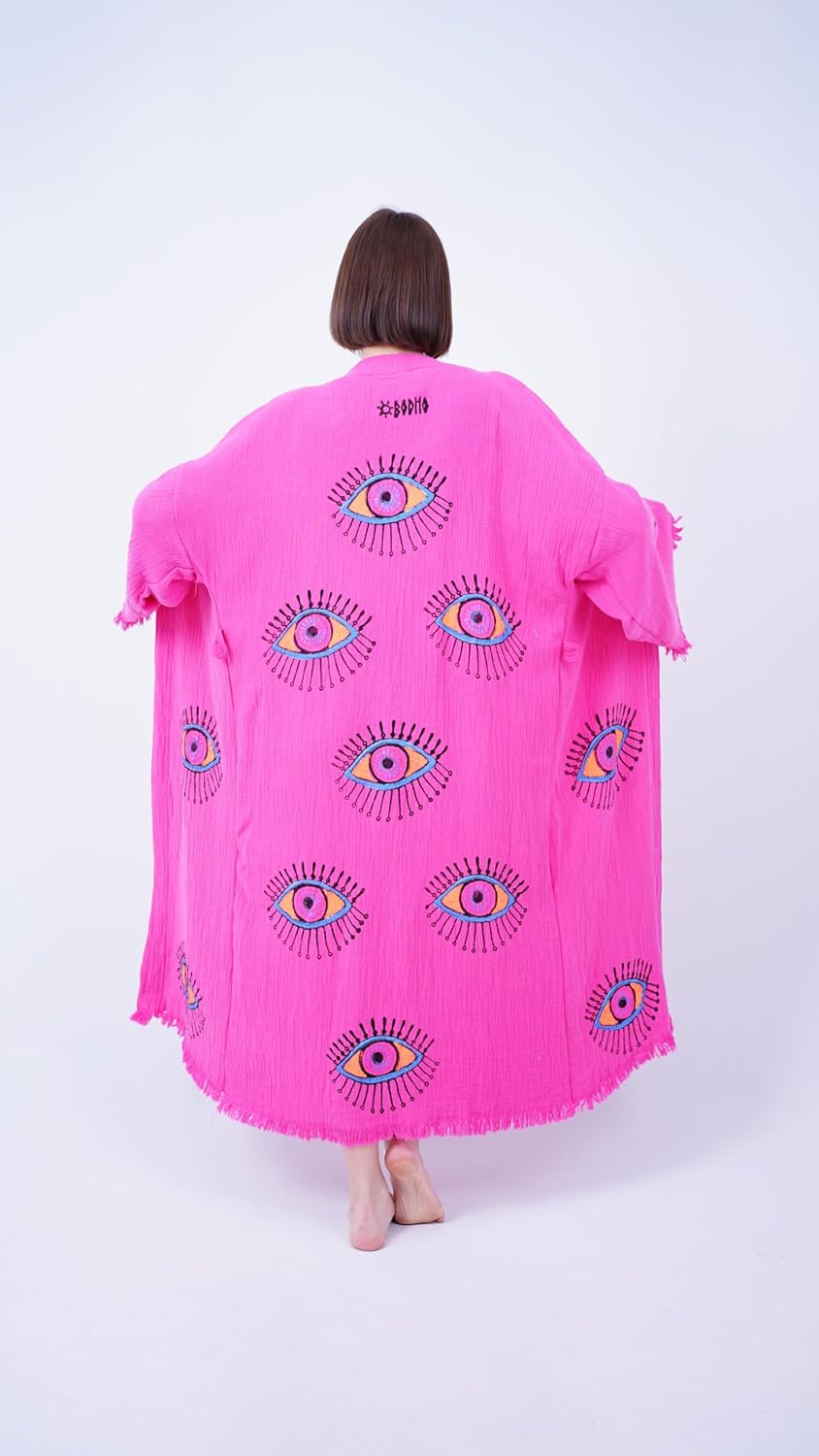 Handmade Evil Eye Boho Festival Kimono Boho Beachwear Beachwear Cover Up Ethnic Kimono Cardigan Bathrobe Morning Robe - Image 8