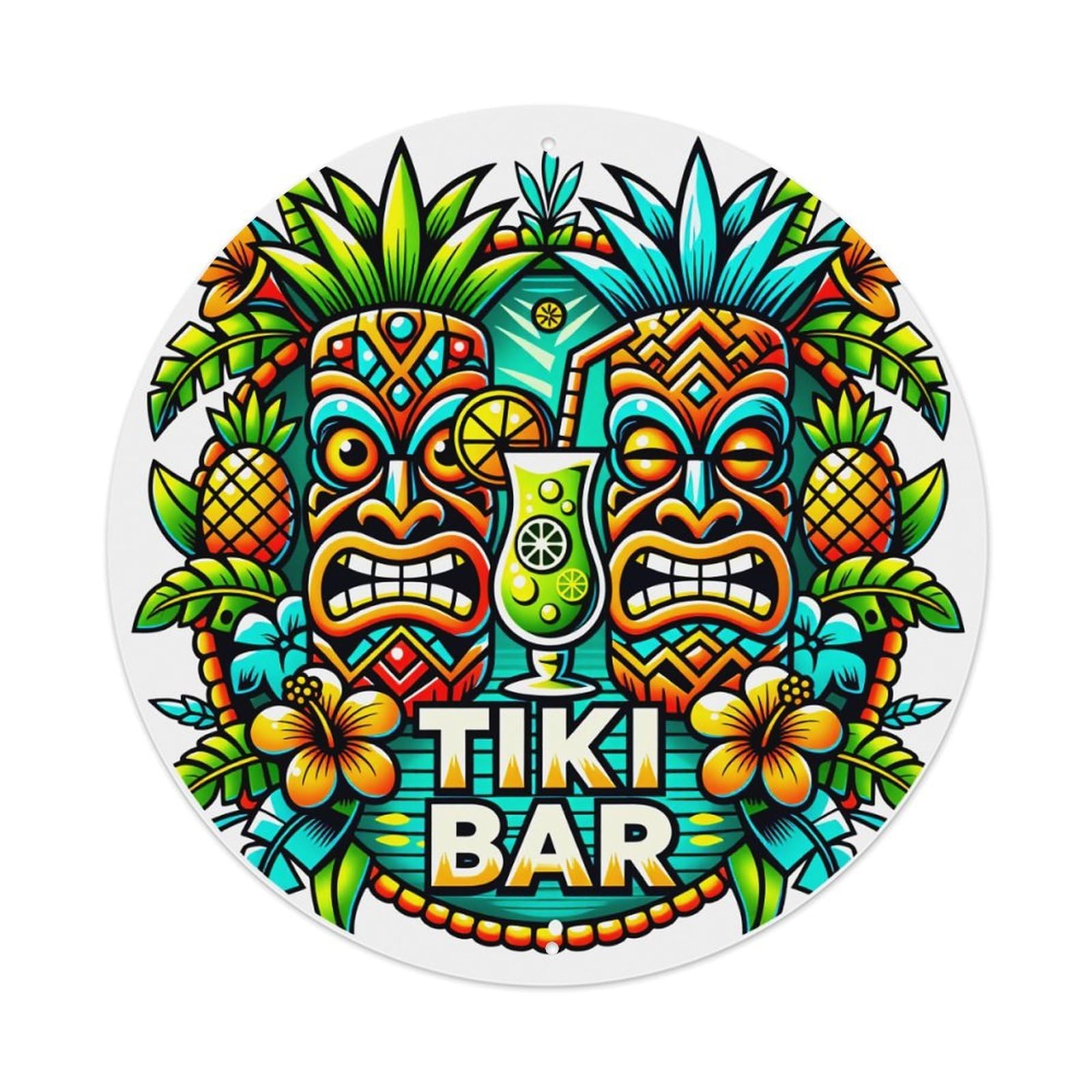 Tiki Masks Pineapple Flowers Cocktail Leaves Pattern Round Vintage Tin Sign,Retro Wall Art,Metal Poster for Home, Bar, Garage, Cafe, Rustic Indoor & Outdoor Decor, 8x8 Inches