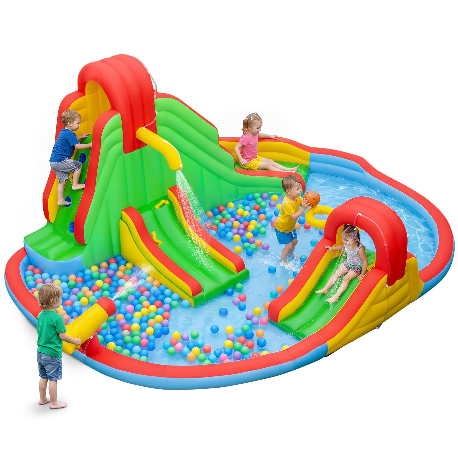 COSTWAY Castello Gonfiabile per Bambini 3-12 Anni, Grande Parco Acquatico di Giochi con Doppio Scivolo, Piscina, Parete da Arrampicata e Canestro da Basket, per Interno e Esterno