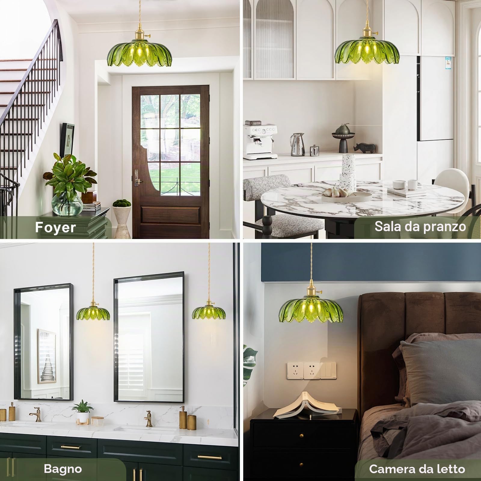 Lampadario a Sospensione Regolabile Verde per Isola Cucina, Lampadario Vintage in Ottone, Lampadario Vetro, Adatto per Camera da Letto, Sala da Vivere, Stanza da Pranzo, Lampadine Non Incluse