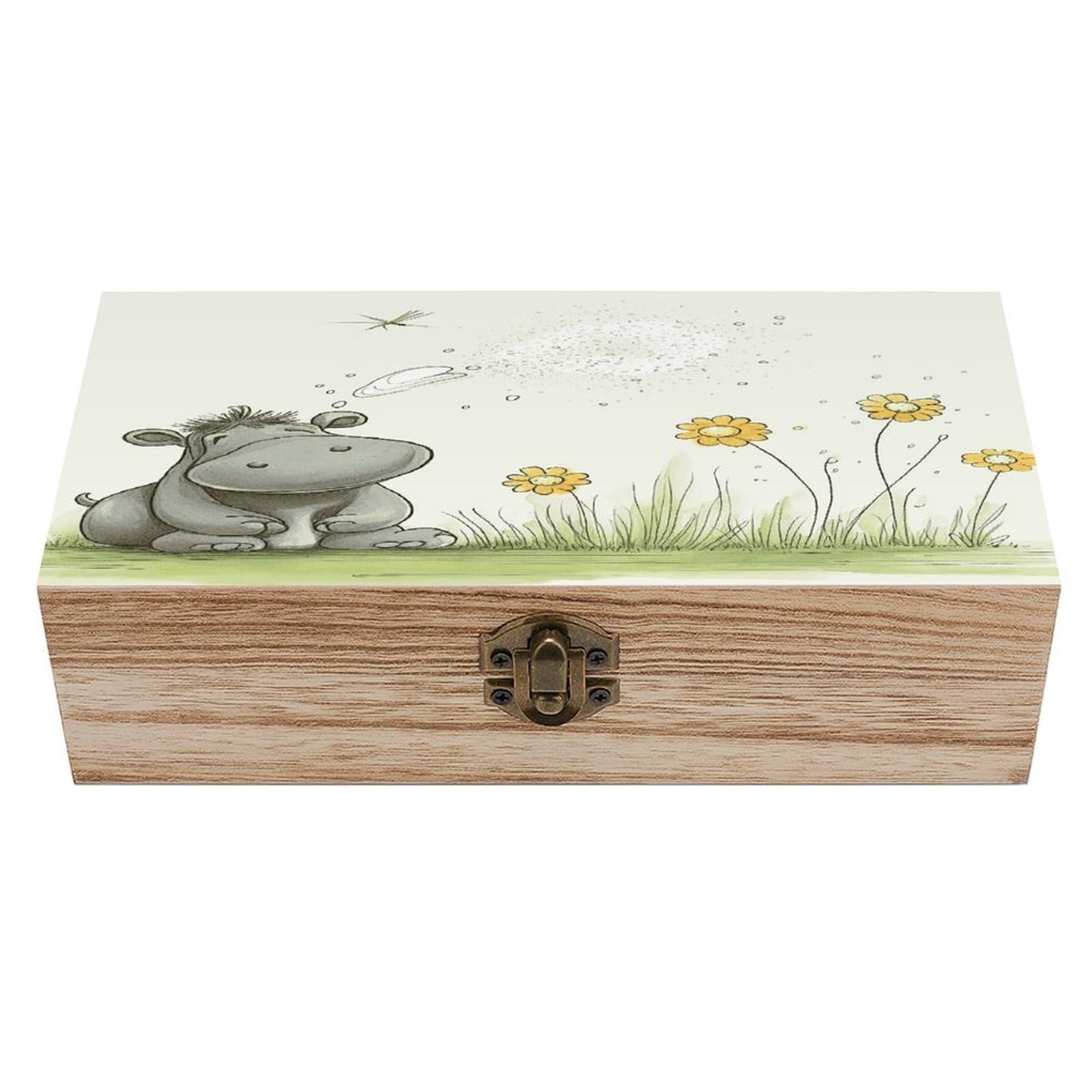 Btcowzrv Style Hippo And Dandelion Wooden Storage Box, Keepsake Box With Hinged And Retro Lock, Wood Jewelry Organizer For Photos & Mementos And Home Decor