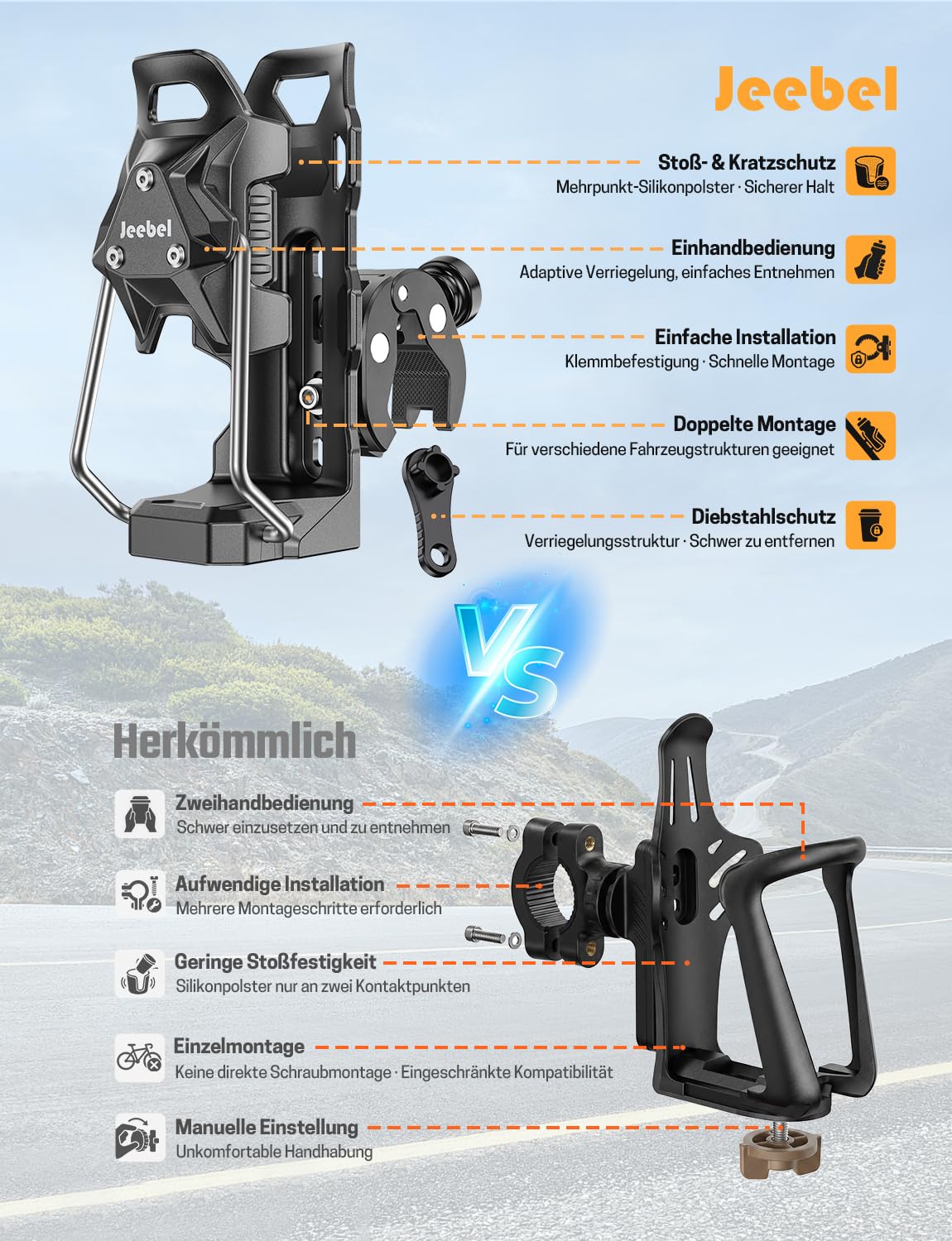 Jeebel Flaschenhalter Motorrad, Becherhalter Adaptiver Verriegelnder mit 12–45mm Anti-Diebstahl Metallklemme, Kompatibel mit 50–80mm Durchmesser Trinkflaschen, Getränkehalter für ATV Fahrrad Roller