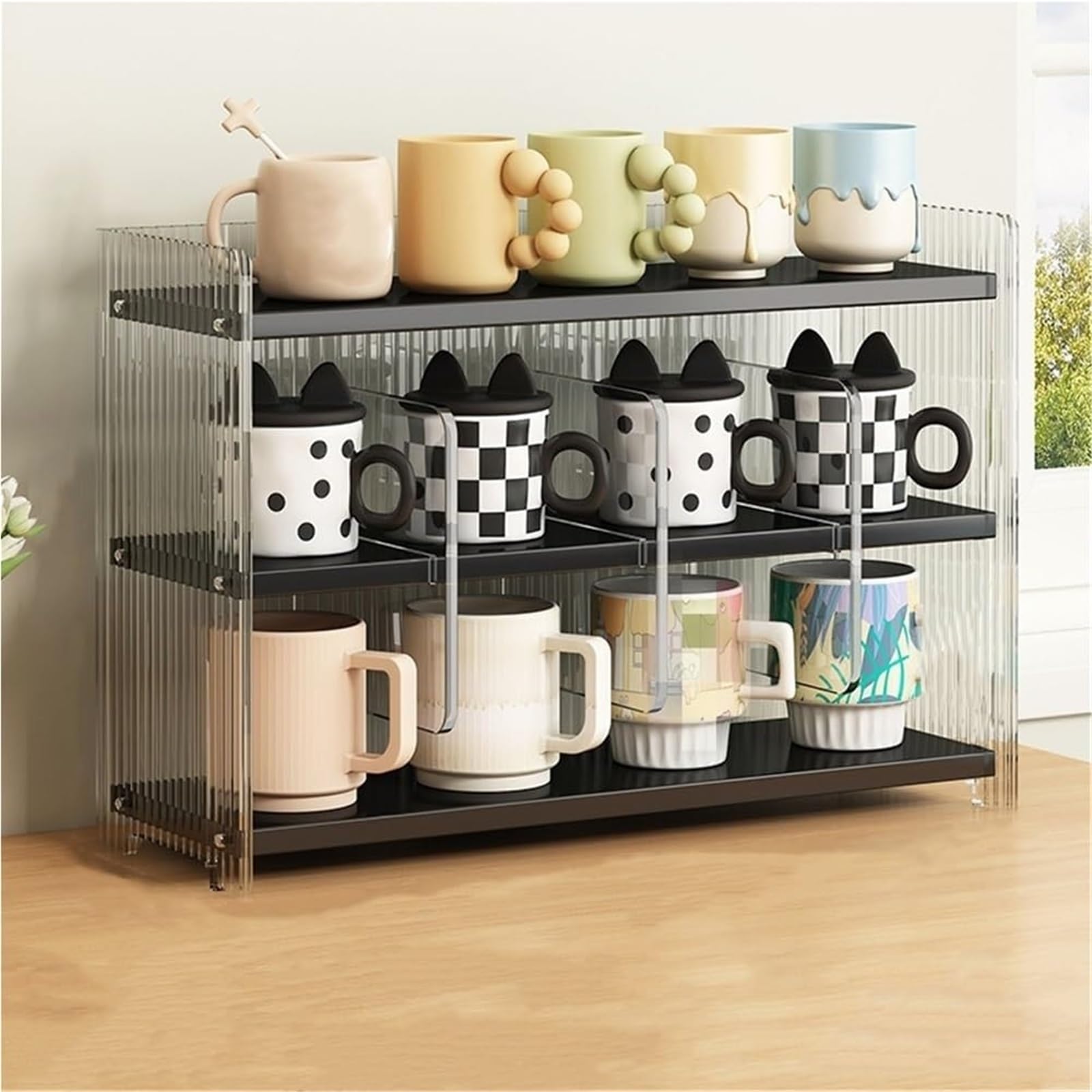 Generisch Tassenablage, mehrstöckiges Kaffeetassenregal – Acryl- und Holz-Präsentationsständer für Küche, Schreibtisch-Tassenorganizer, stilvolles Tassenregal (Schwarz, 50 x 31 cm / 19,6 x 12,2 Zoll)