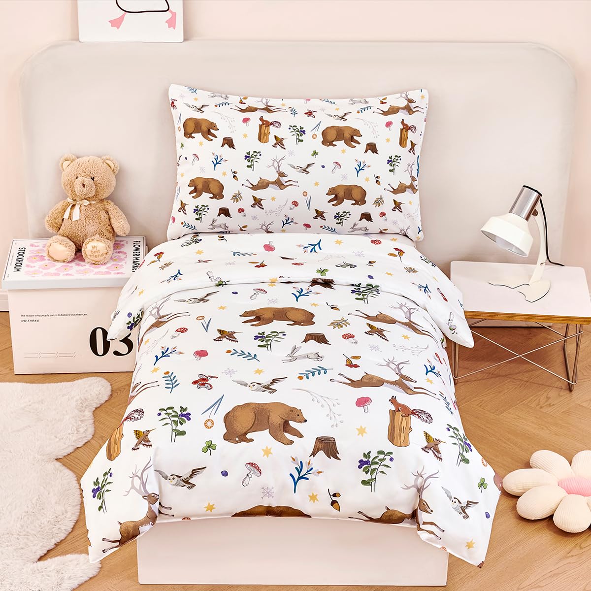 STYHO Boys Duvet Cover Set Single Size 2 Pieces Reversible Animal Bedding Set for Kids Teens Soft Microfiber Forest Animals Theme Children’s Quilt Cover(Animal