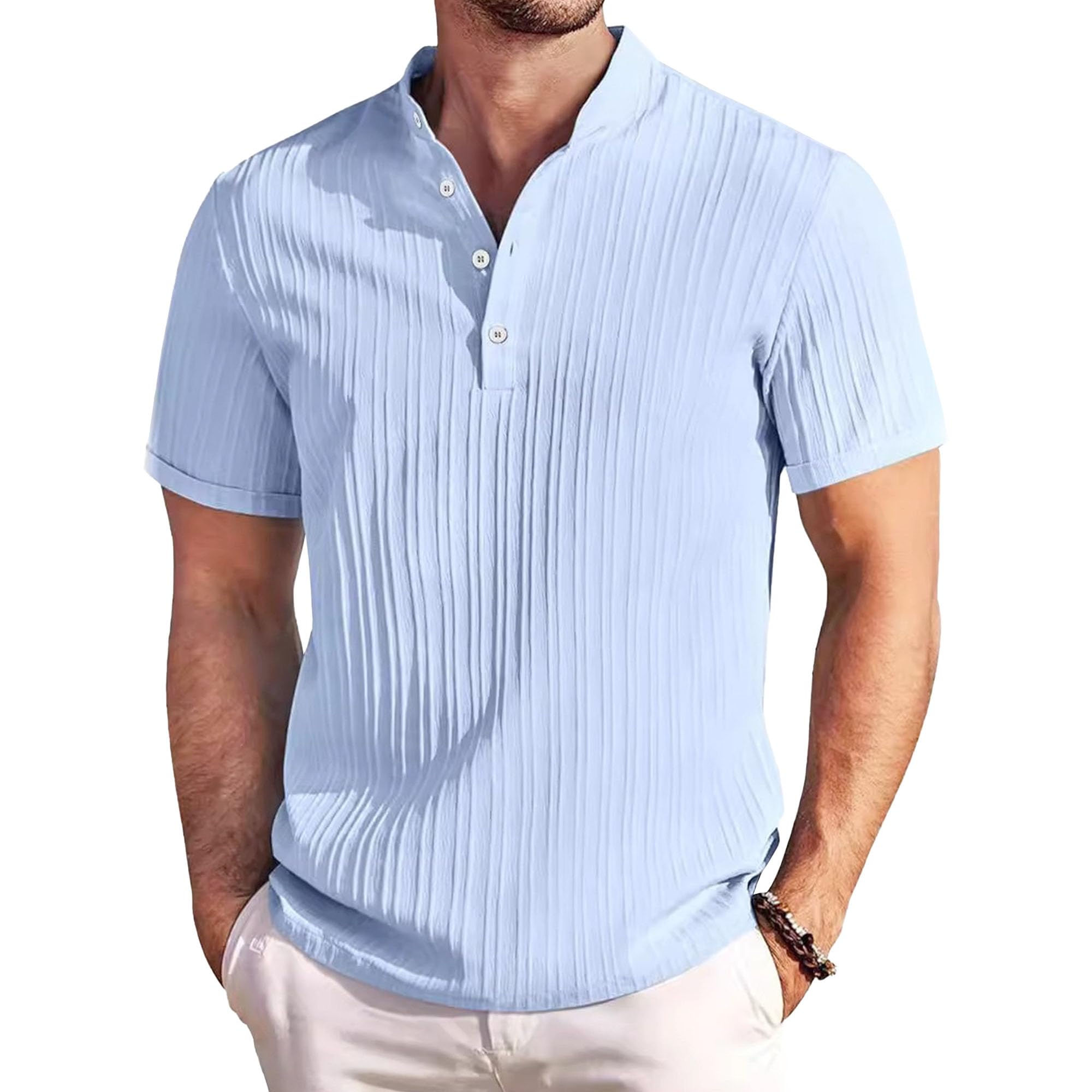 Men Retro Cotton Linen Striped Henry Shirt Classic Cozy Casual Loose Shirts Summer Quarter Button Leisure Pullover (Light Blue,Small)
