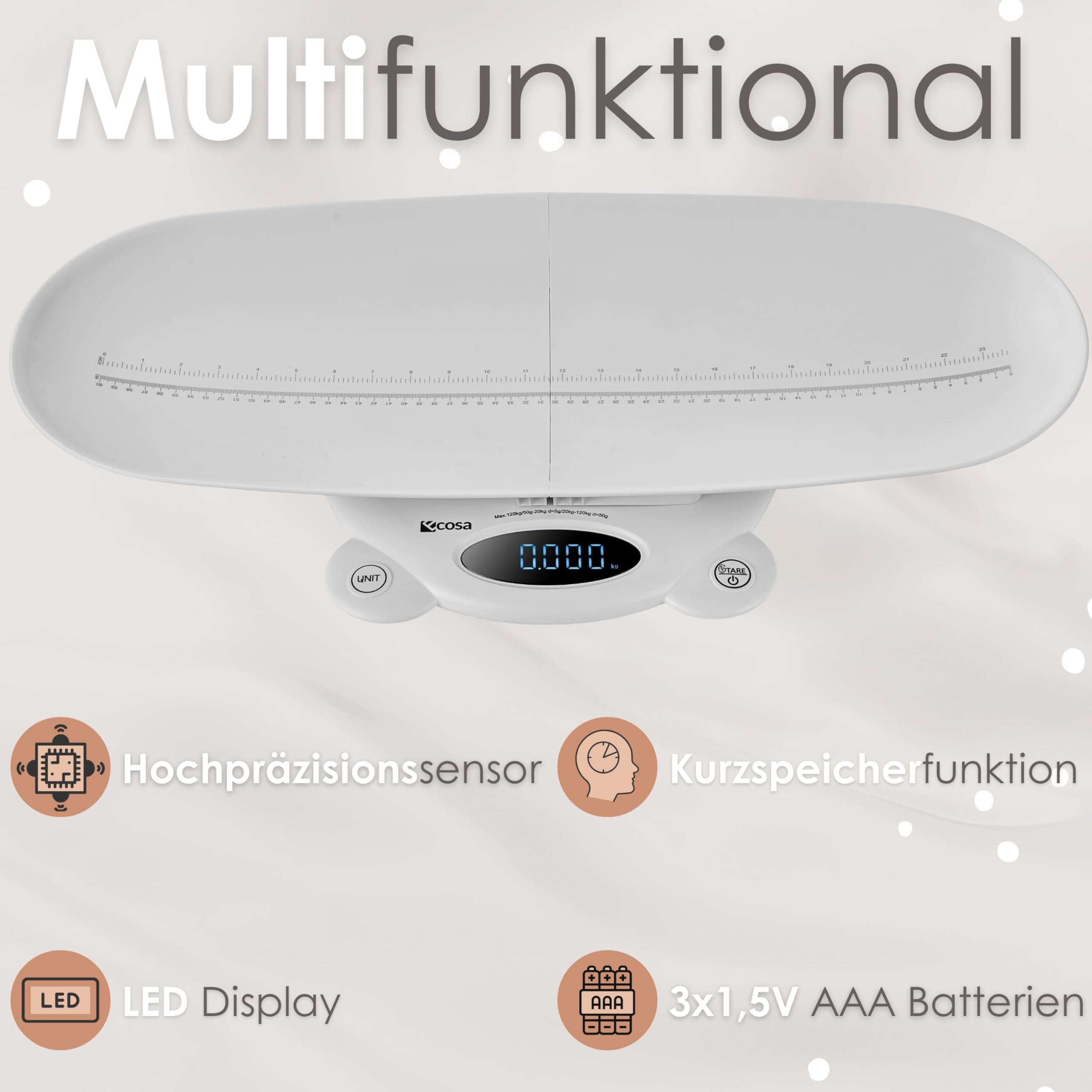 3 in 1, bilancia per animali e pesapersone, display a LED, bilancia digitale con funzione tara/hold, capacità 120 kg, capacità 5 g/50 g, unità di peso: kg/lb/st robusto design ABS, funzionamento a