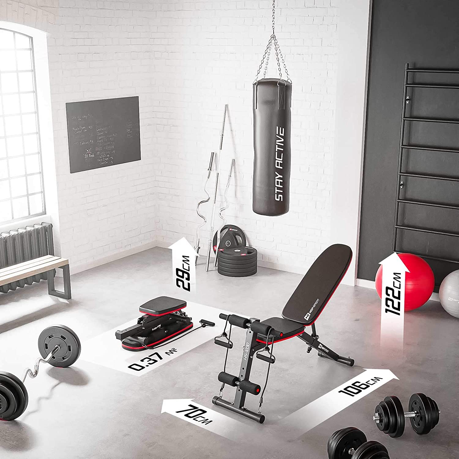 Hop-Sport Hantelbank, Klappbare Trainingsbank mit Beinfixierung, 6-fach Verstellbare Rückenlehne, Inkl. Expanderseile, Fitnessgeräte für Zuhause, 220 kg Max. Belastbarkeit