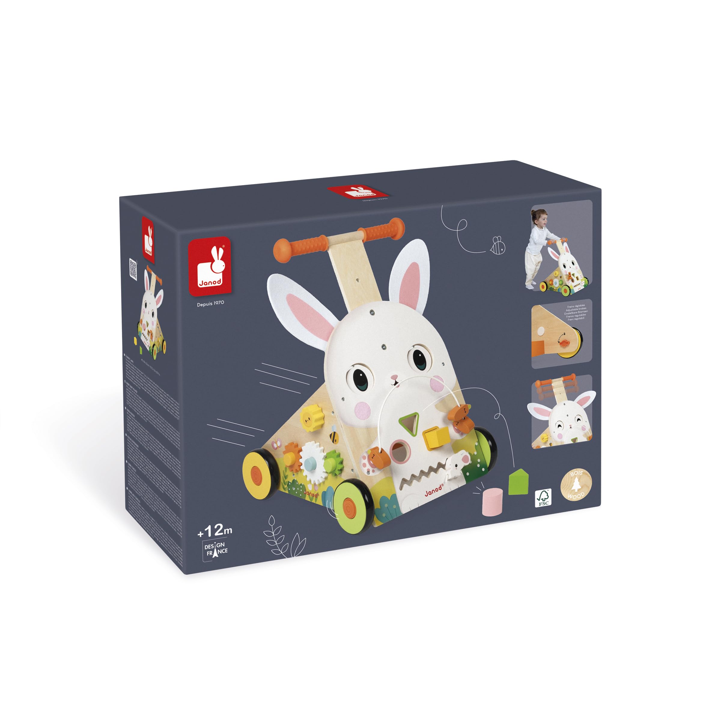 Janod - Chariot Multi-Activités Ferme - Chariot de Marche en Bois à Pousser - 9 Activités - Système Frein Breveté et Roues Silencieuses - Jouet d'Eveil pour Enfants Evolutif - Dès 12 Mois - J03326