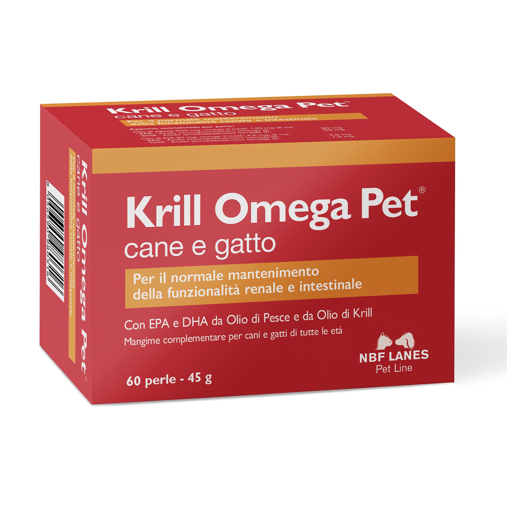 NBF Lanes | Krill Omega Pet Chien et Chat, 60 Perles Appétissantes, pour Le Maintien Normal de la Fonction rénale et intestinale