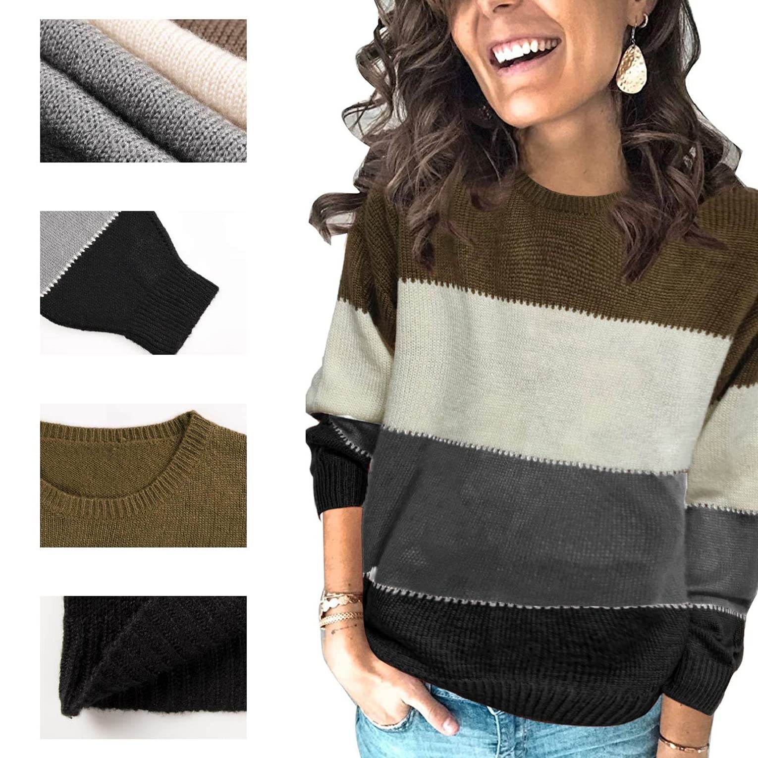 UMIPUBO Maglione Donna Chic Oversize Maglione a Maglia Colorblock Morbido Righe Pullover Casual Knitted Bluse Manica Lunga Moda Girocollo Tops Maglieria per Autunno Inverno Felpe Ragazza