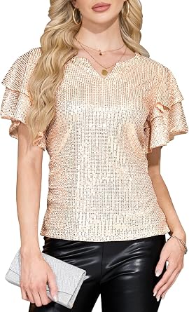 Women Sparkle Sequin Tops Glitter V Neck Blouse Tiered Ruffles Sleeve Cocktail Soiree Evening Party Disco Club Shirt