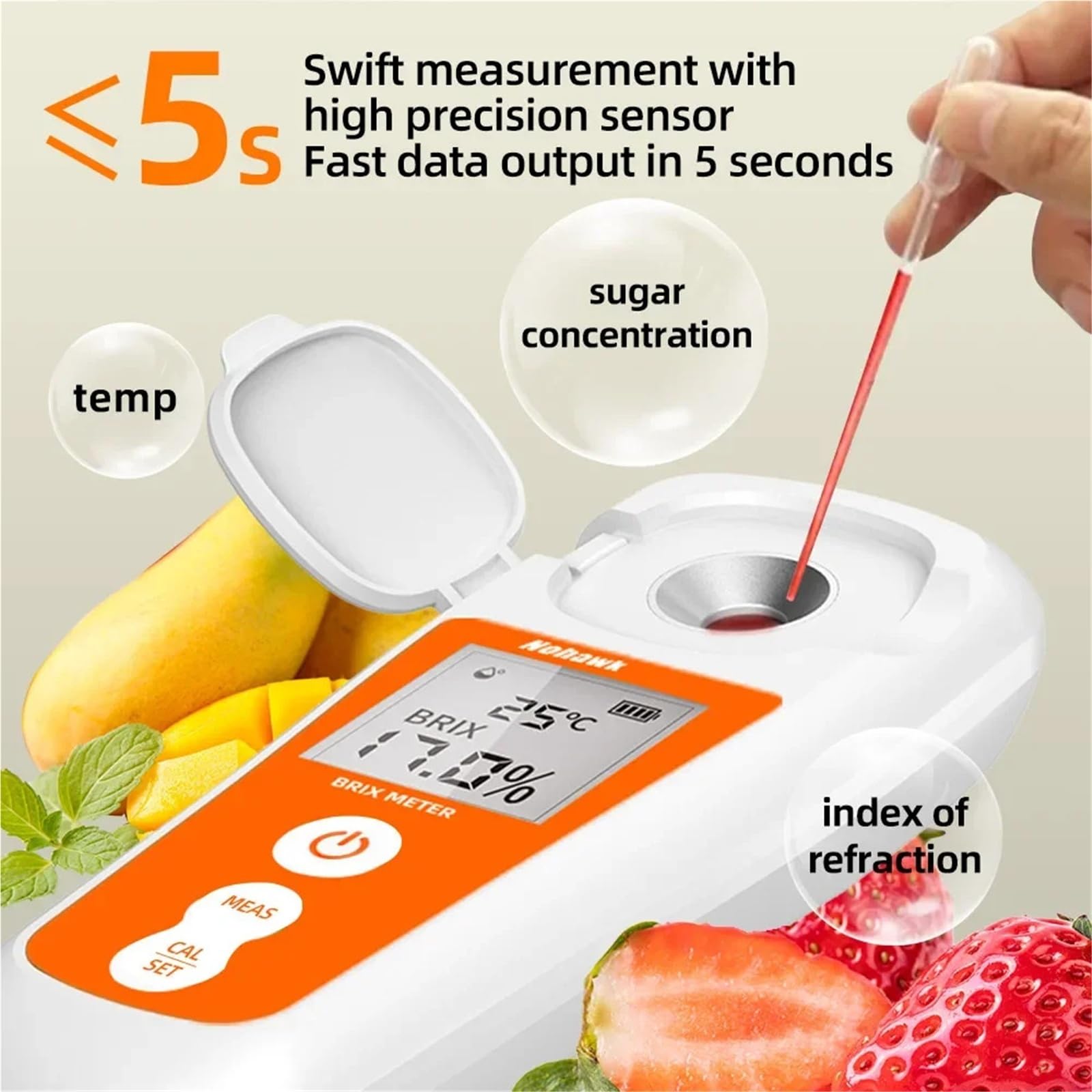 Medidor Digital Brix (Rango 0-55%) Refractómetro for medir el Contenido de azúcar en Frutas, Verduras, jugos, Bebidas café