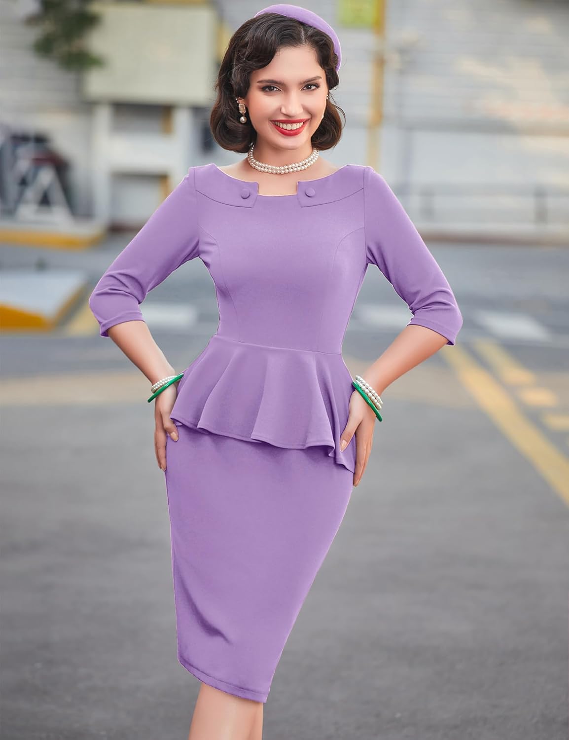 MUXXN Women's 50s Vintage Bodycon 3/4 Sleeve Midi Peplum Business Formal Work Pencil Dresses - Image 2