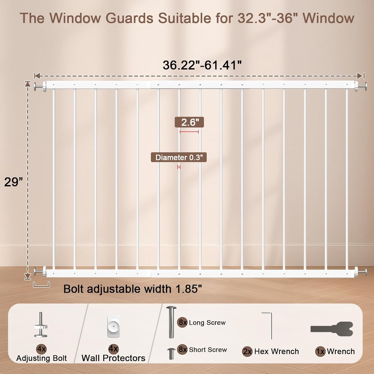 Fairy Baby Window Guards for Children Kids, Adjustable Wide 36.3" - 61.4" Child Safety Window Guard Prevents Accidental Falls, Home Security Childproof Interior Bar Guard for Windows Wide(2 Panels) 2 Piece (36.3"-61.4")
