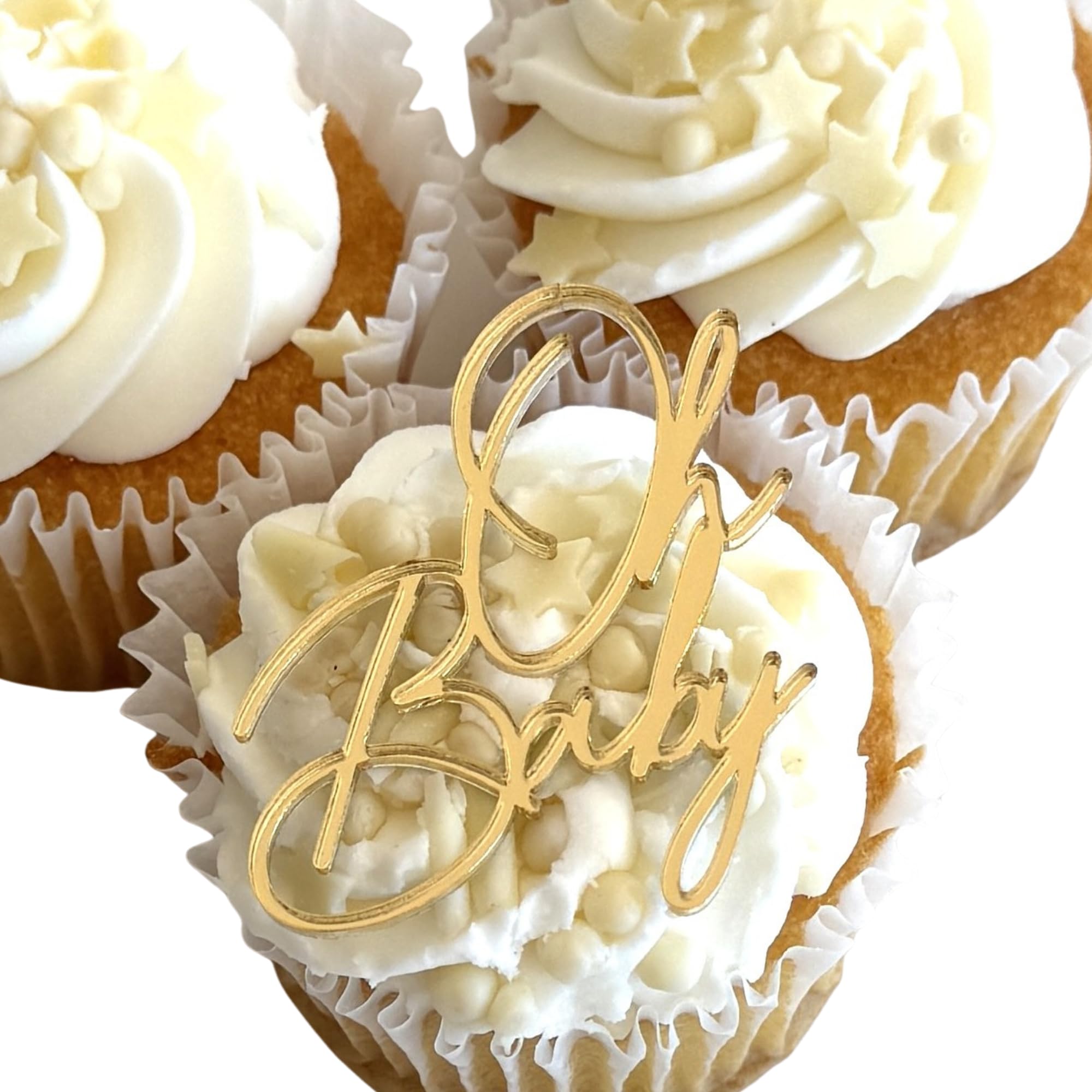 Oh Baby Cupcake Toppers Pack of 10 โ Gold Mirror Acrylic Baby Shower Cake Decorations โ Gender Reveal Party Toppers โ Premium Mirrored Finish
