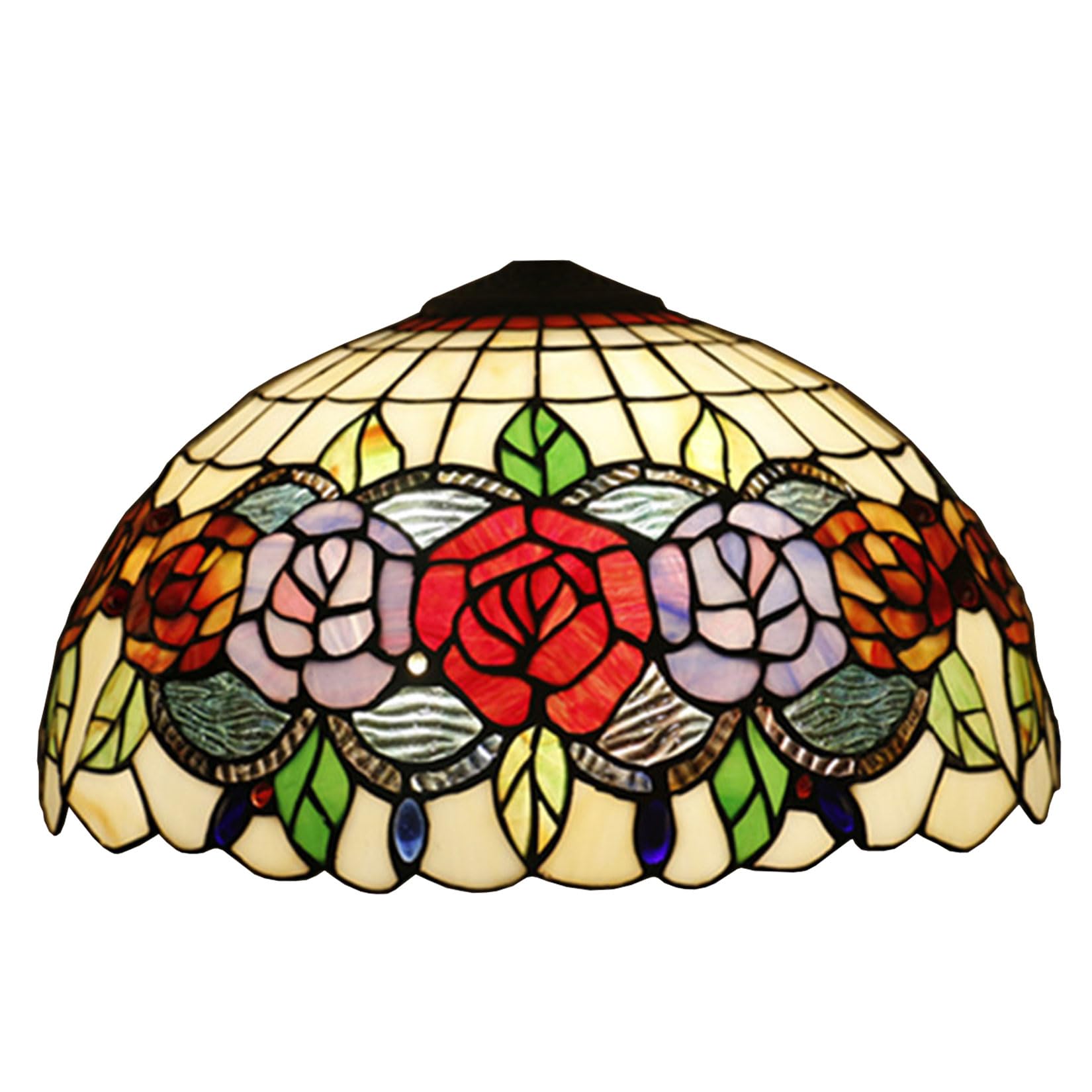 Klosz do lampy Tiffany 16" tylko do wymiany, czerwono-niebieskie klosze z witrażu, różany motyw kwiatowy, zielony liść, vintage, osłona na lampę, pasuje do lamp stołowych, wis，