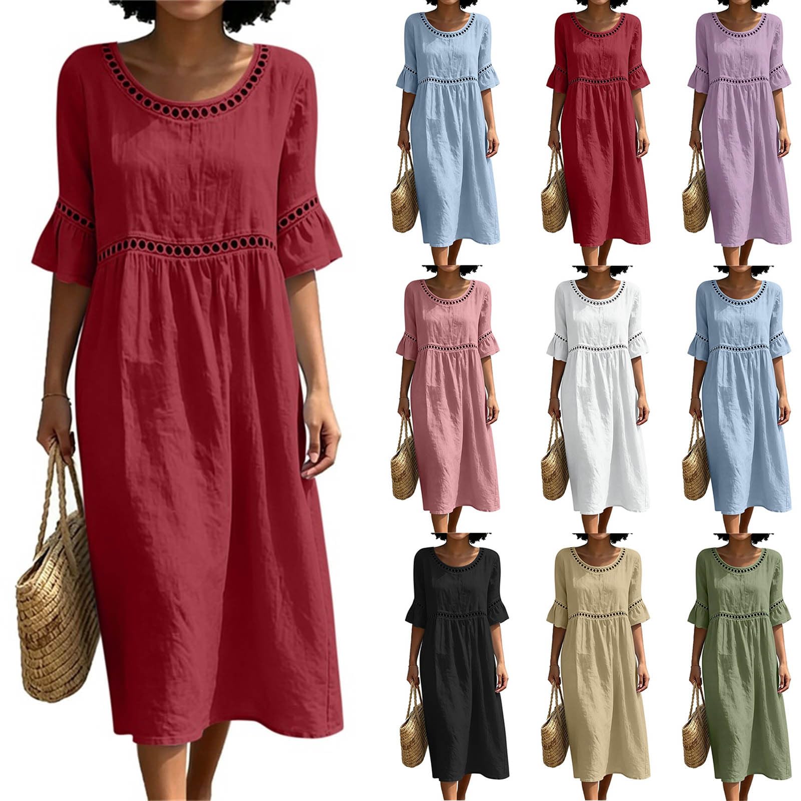 Sommerkleid Damen Lang Boho Elegant 3/4 Ärmel Lochstickerei Musselin Locker Boho Kleid Sommer Strandkleid Elegant Baumwolle Leinenkleid A-Linie Hohe Taille Maxikleid Leicht und Luftig Freizeitkleid