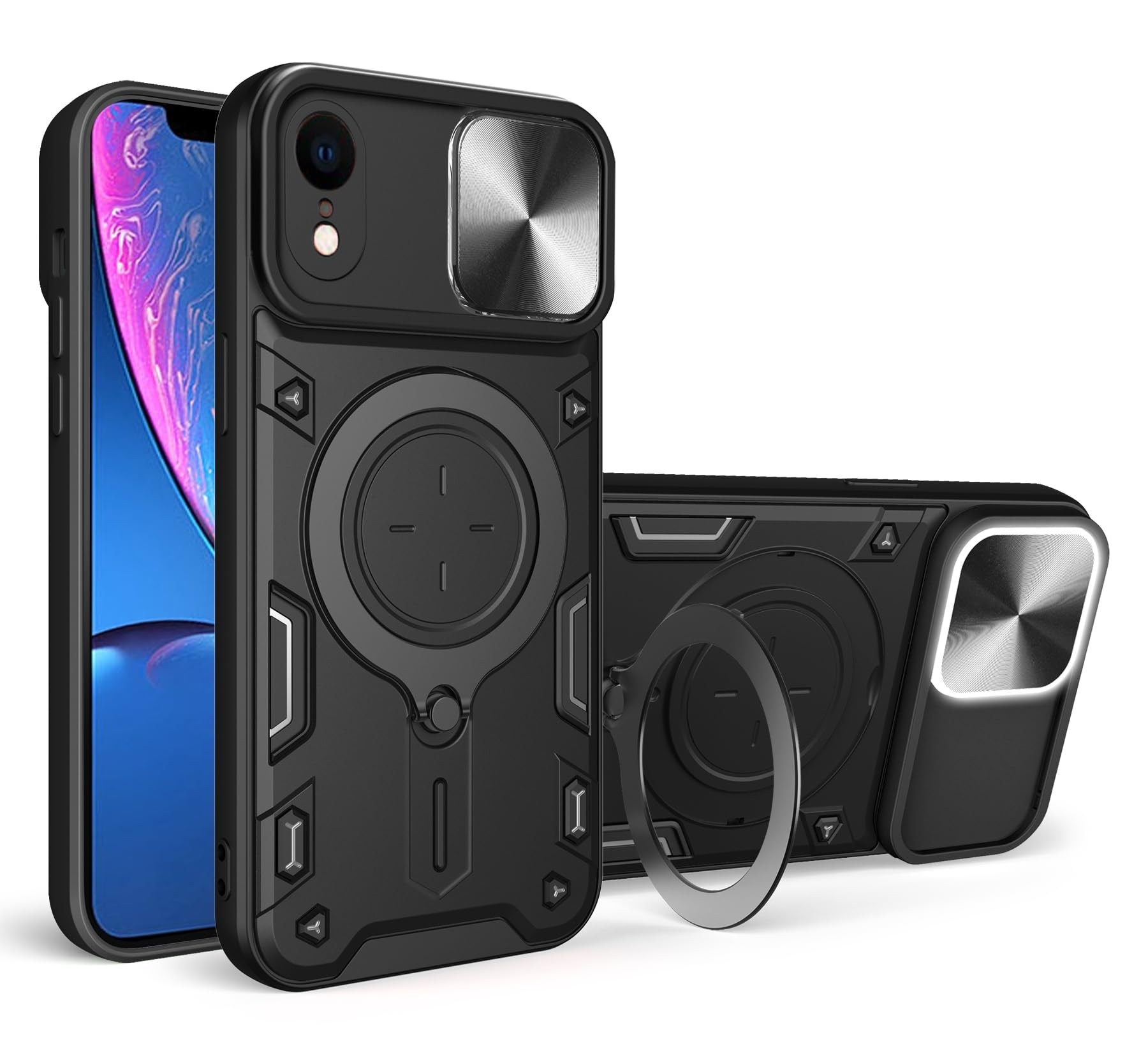 SORAKA Case for iPhone XR with Ring Holder and Slide Camera Cover iPhone XR case with Metal Plate for Magnetic Car Mount Rigid PC Cover Soft TPU Bumper Rugged Case Black