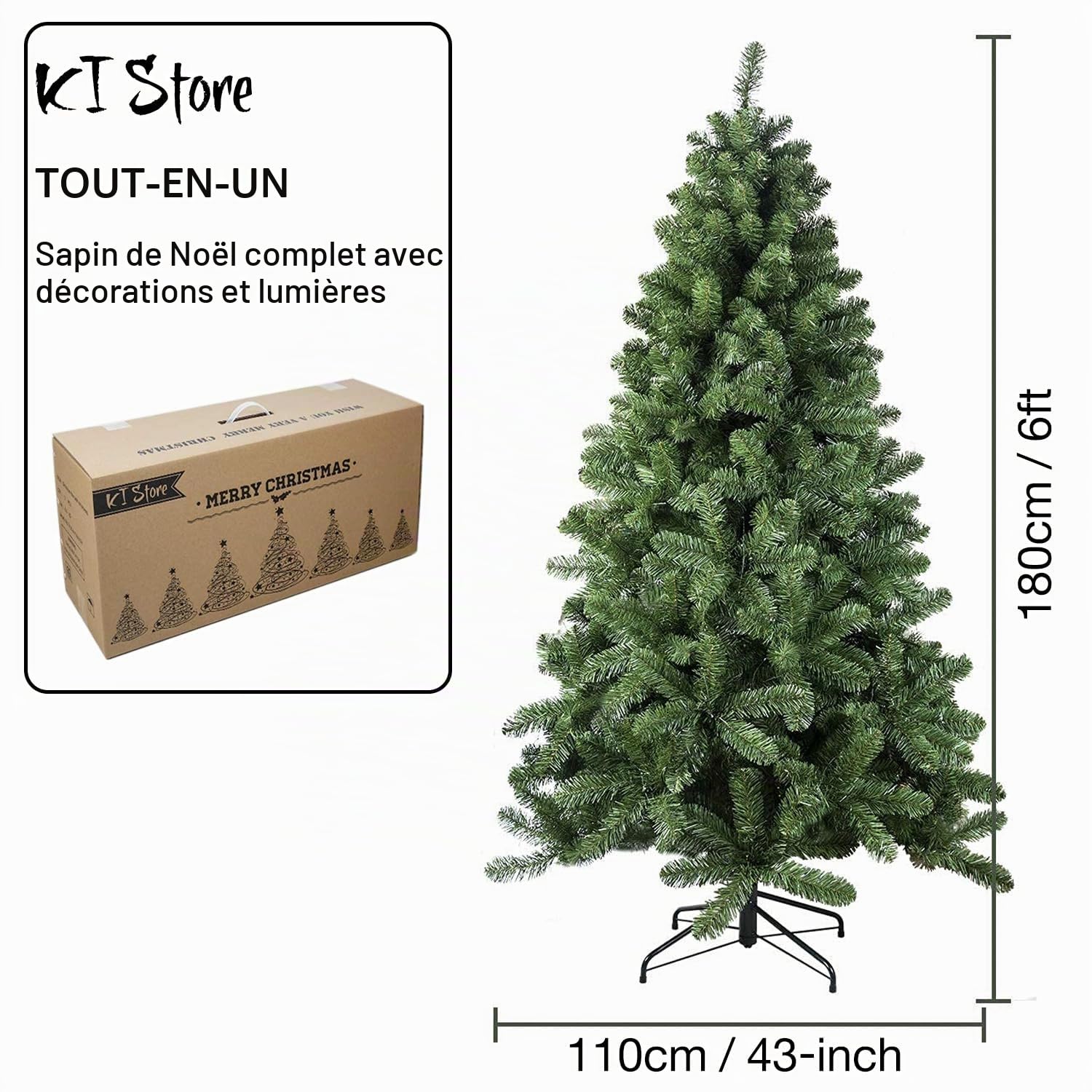 Sapin de Noël Artificiel 180cm avec décorations et lumières 300 LEDs lumière et Ornements Bois Nior Décorations de Noël Comprenant des Boules de Sapin de Noël artificielles complètes