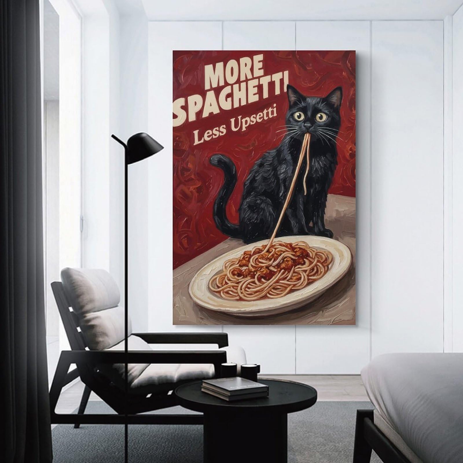 Junmoney Wall Picture Print Black Cat Eating Spaghetti, 20x30inch(50x75cm), for Living Room, Bedroom Or Home Office, Home Decor Gift with Stylish Appeal