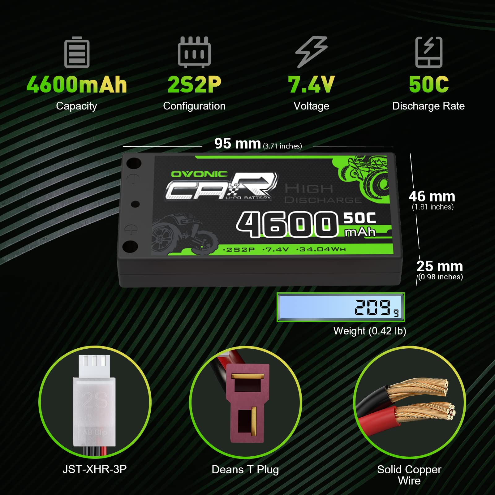 OVONIC 2S Lipo akumulator 7,4 V 50C 4600 mAh Shorty Lipo akumulator twardy etui z 4-milimetrowym złączem wtykowym Deans Ultra do pojazdów RC w skali 1:10 samochodów osobowych, ciężarowych, łodzi