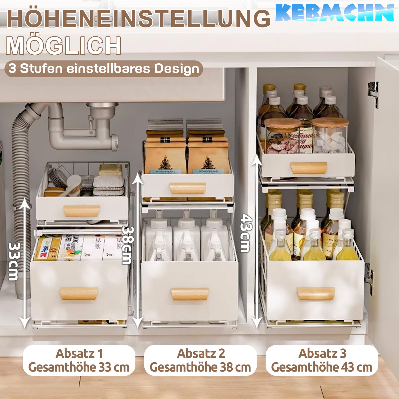 2 Etagen Gewürzaufbewahrung, Schubladen unter dem Waschbecken, Weiß | Metall Gewürzregal, Anhebbares Schrank Organizer küche, Putzmittel Organizer, Höhenverstellbar, 40 * 26 * 43CM,1 Stück